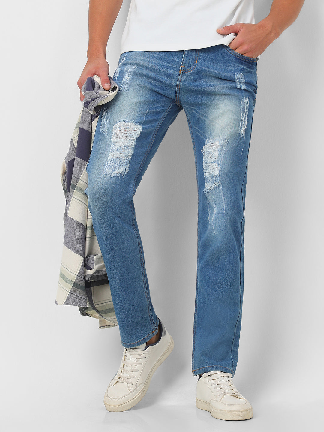 Men's Light Blue Slim Fit Heavy Distressed/Torn Jeans