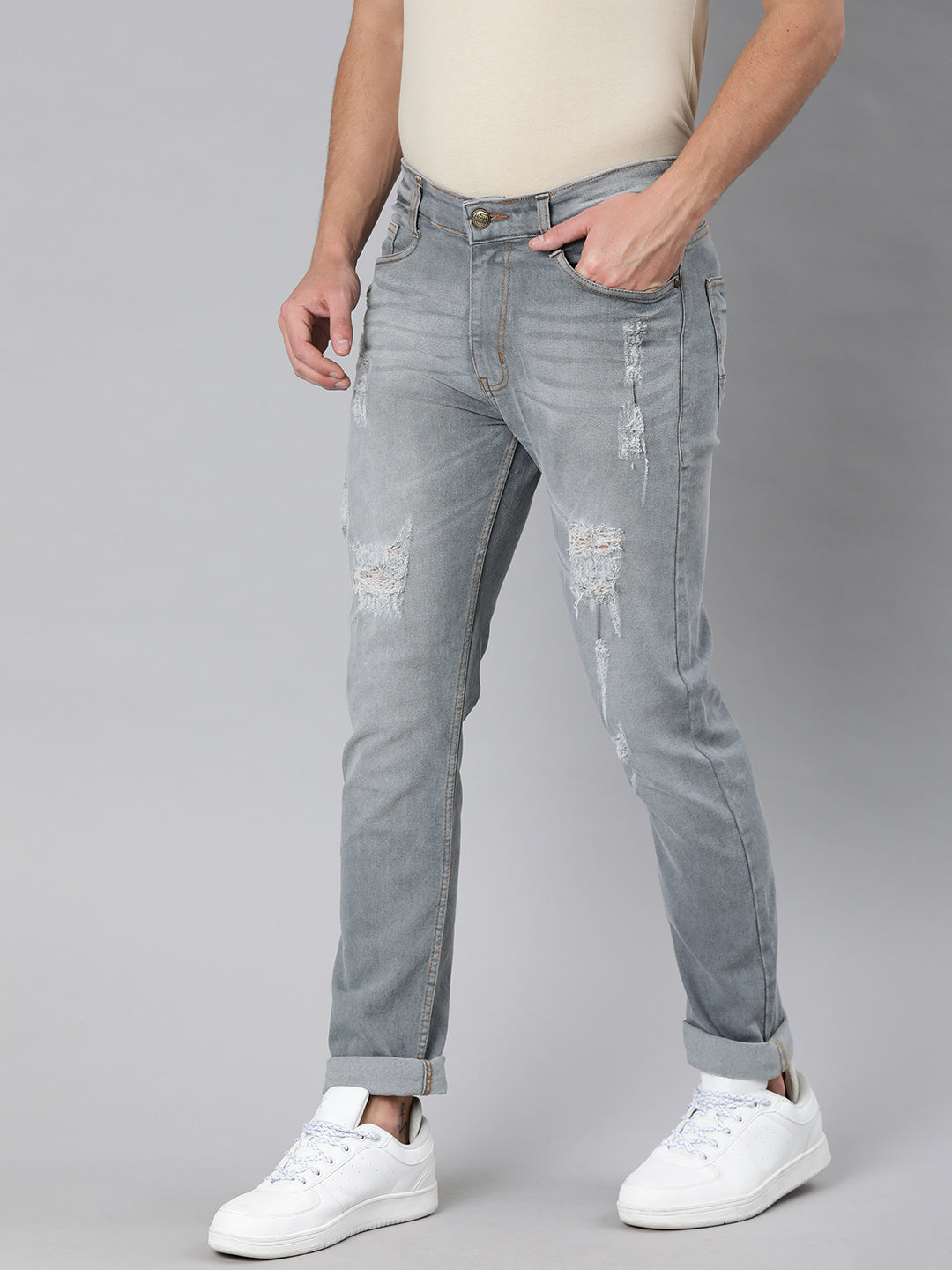 Men's Light Grey Slim Fit Heavy Distressed/Torn Jeans