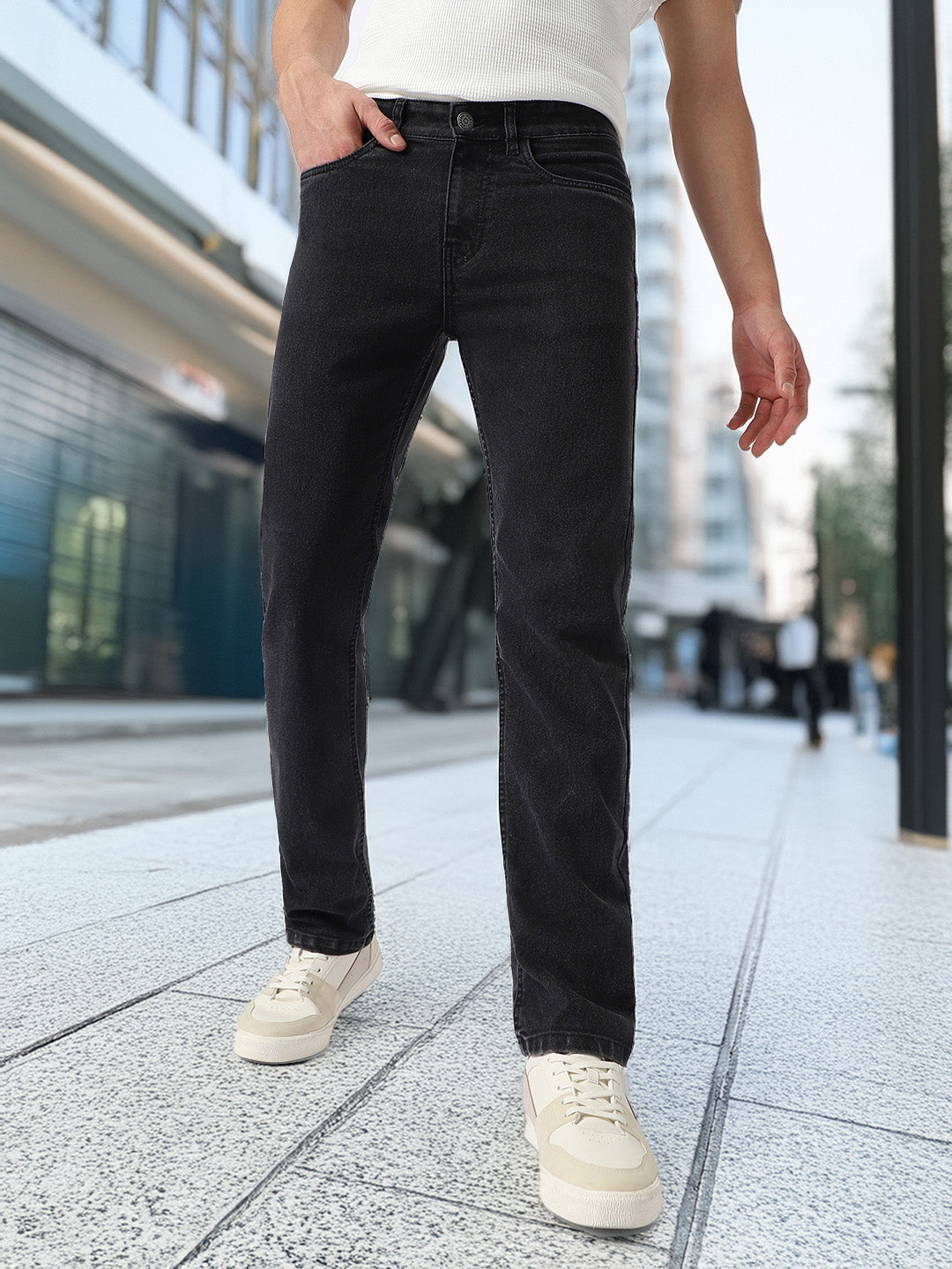 Men's Black Regular Fit Washed Jeans Stretchable