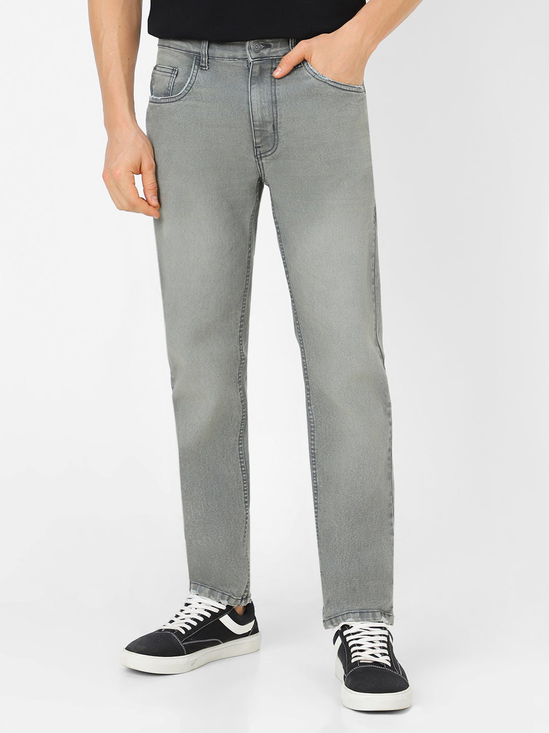 Men's Grey Regular Fit Washed Jeans Stretchable