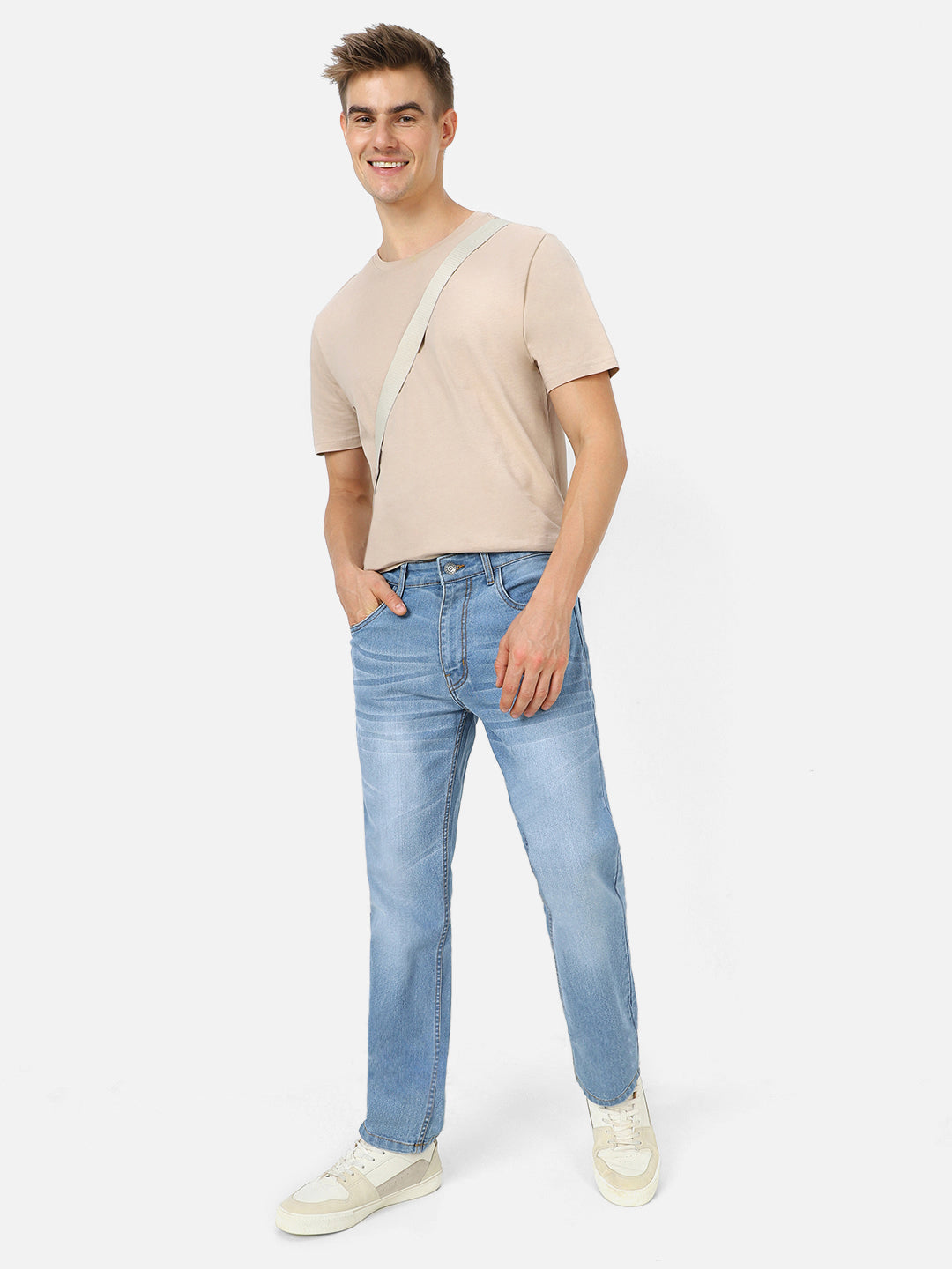 Men's Light Blue Regular Fit Washed Jeans Stretchable