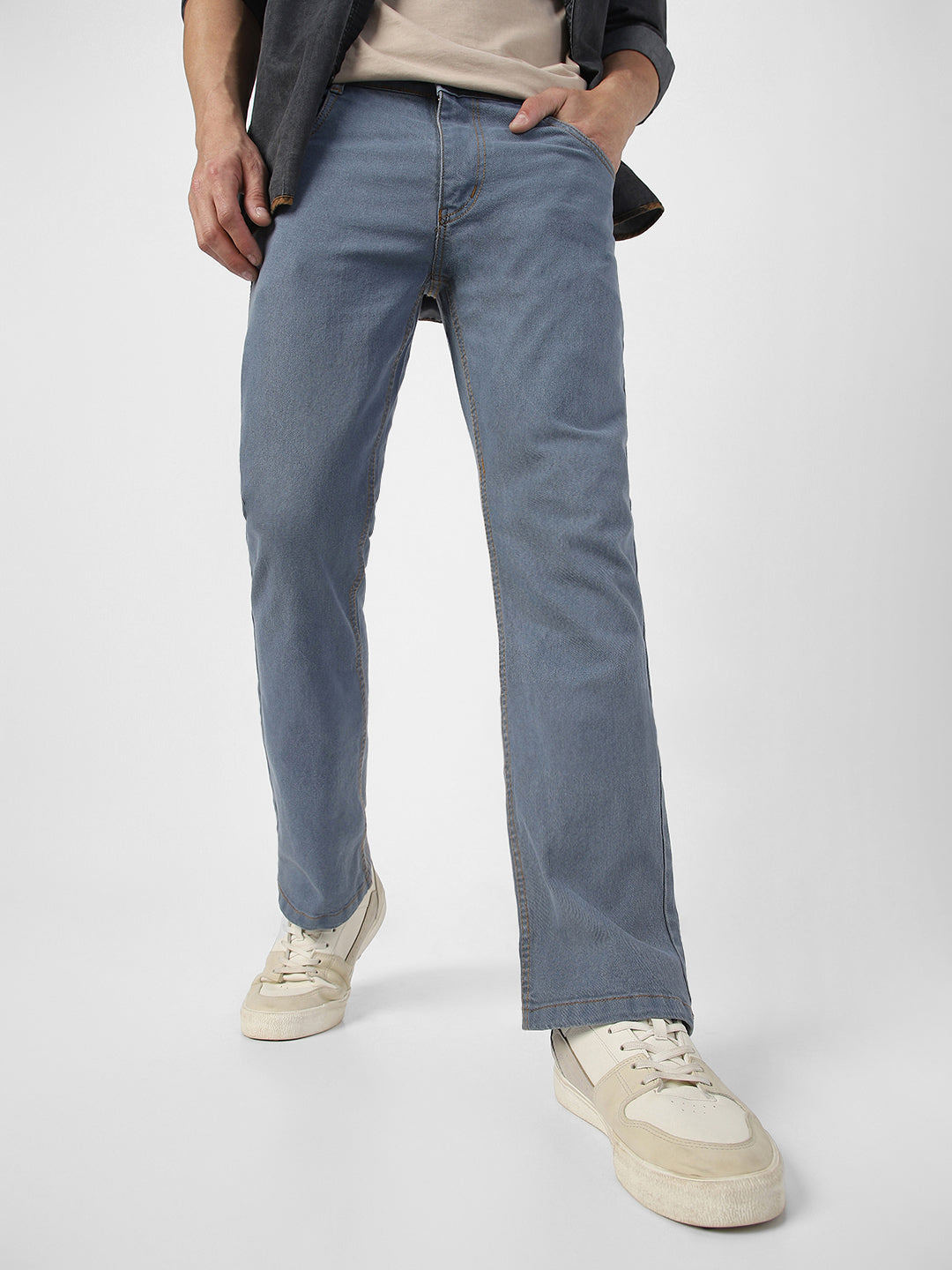 Men's Light Grey Washed Bootcut Jeans Stretchable