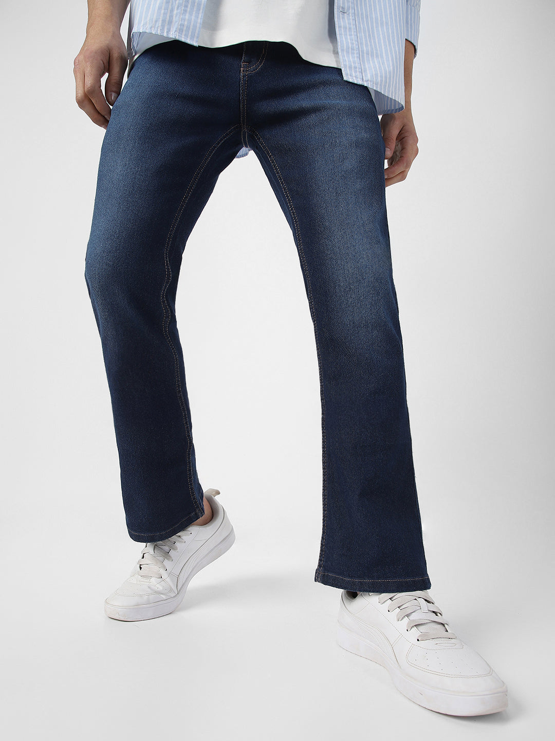 Men's Dark Blue Washed Bootcut Jeans Stretchable