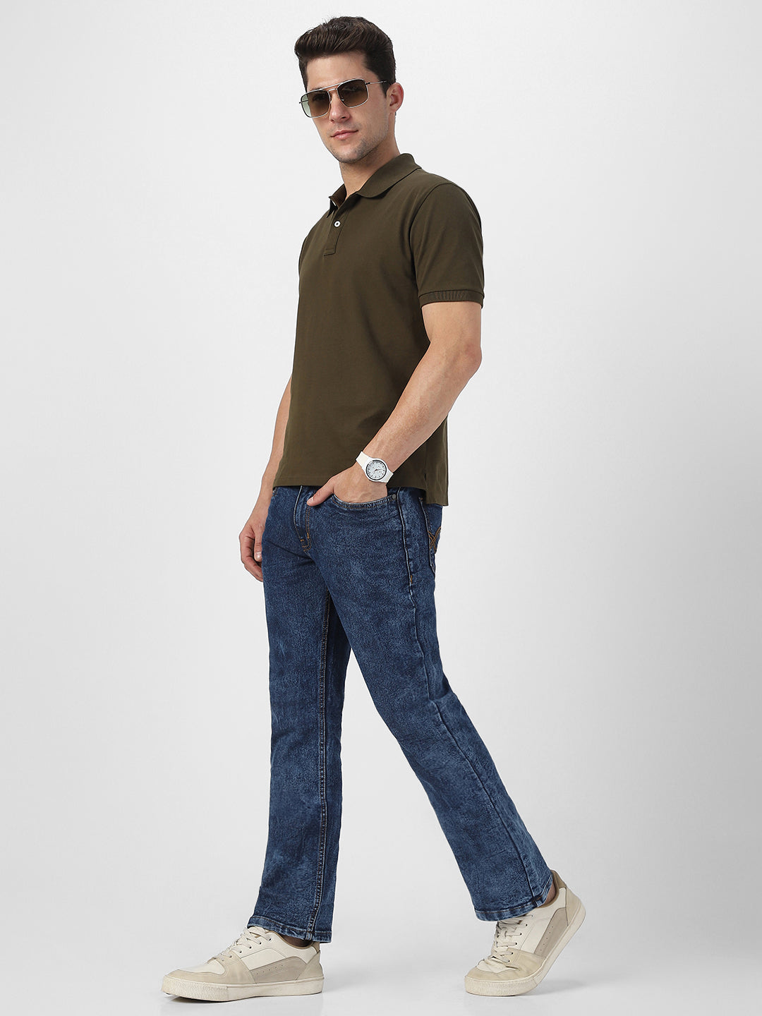 Men's Dark Blue Washed Bootcut Jeans Stretchable