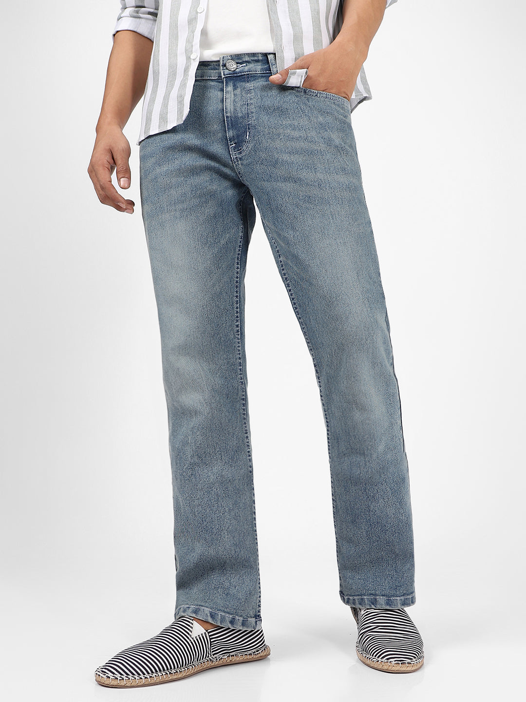 Men's Light Blue Washed Bootcut Jeans Stretchable