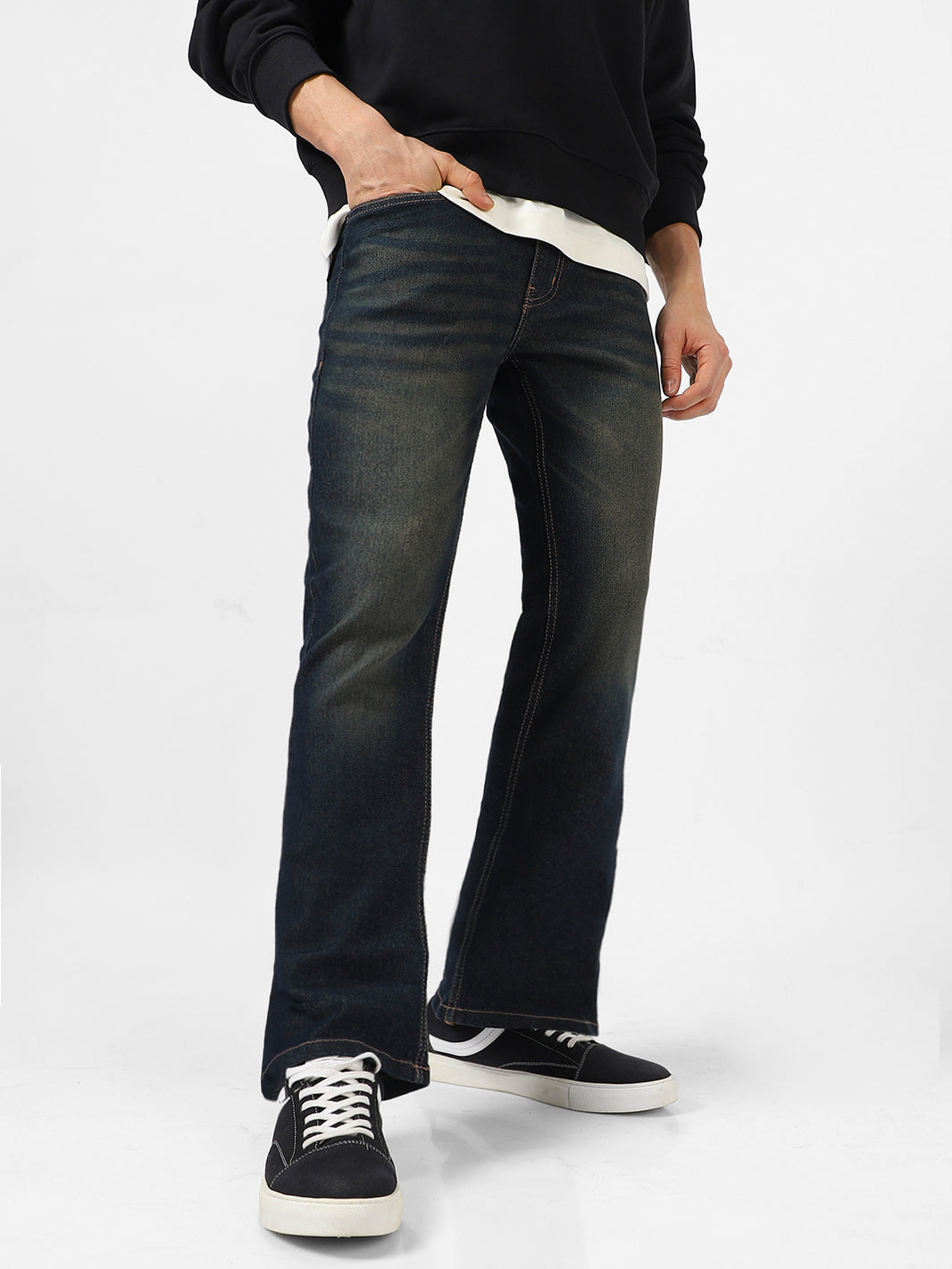 Mens Dark Blue Washed Bootcut Jeans Stretchable Urbano Fashion