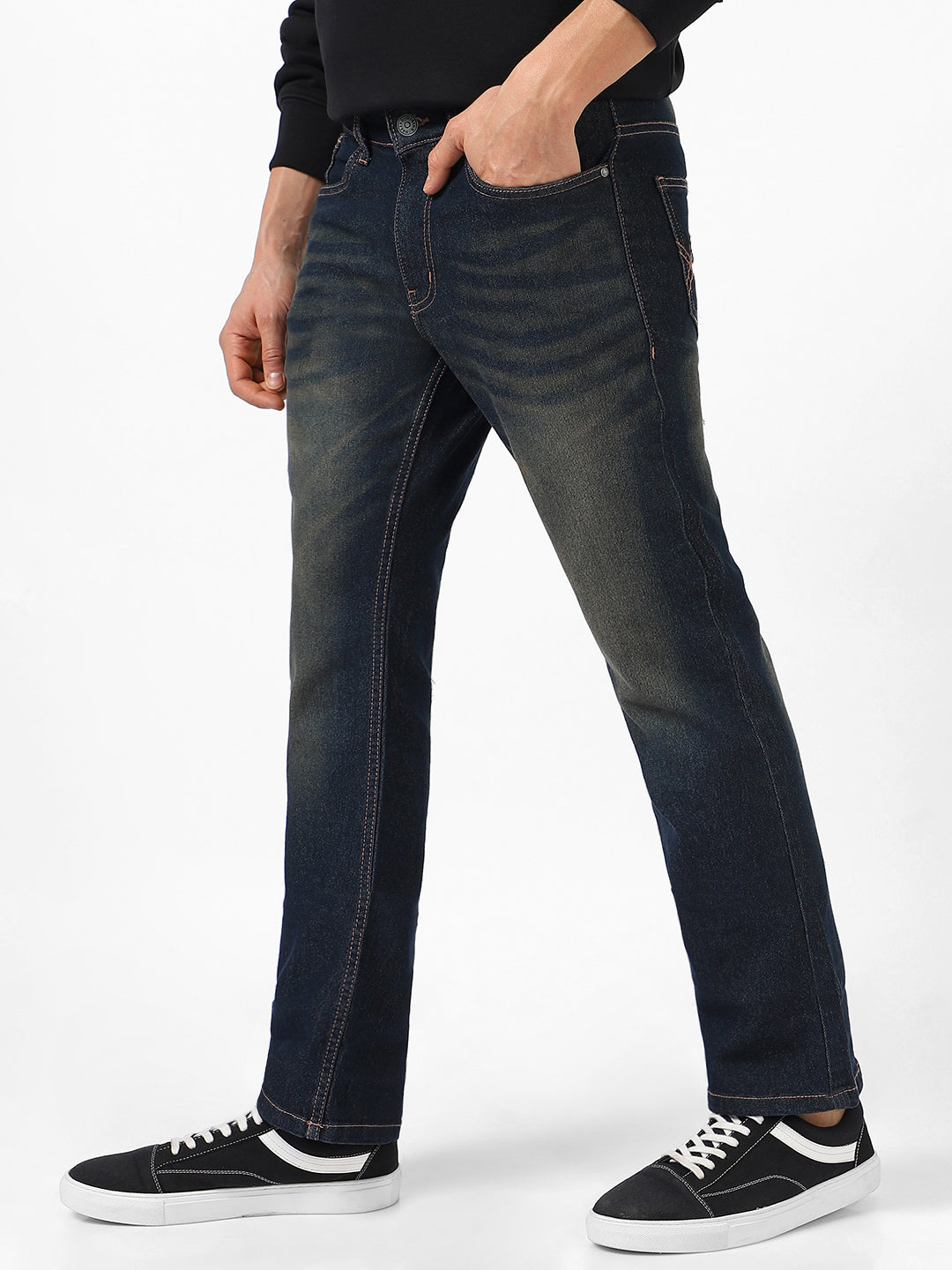 Men's Dark Blue Washed Bootcut Jeans Stretchable