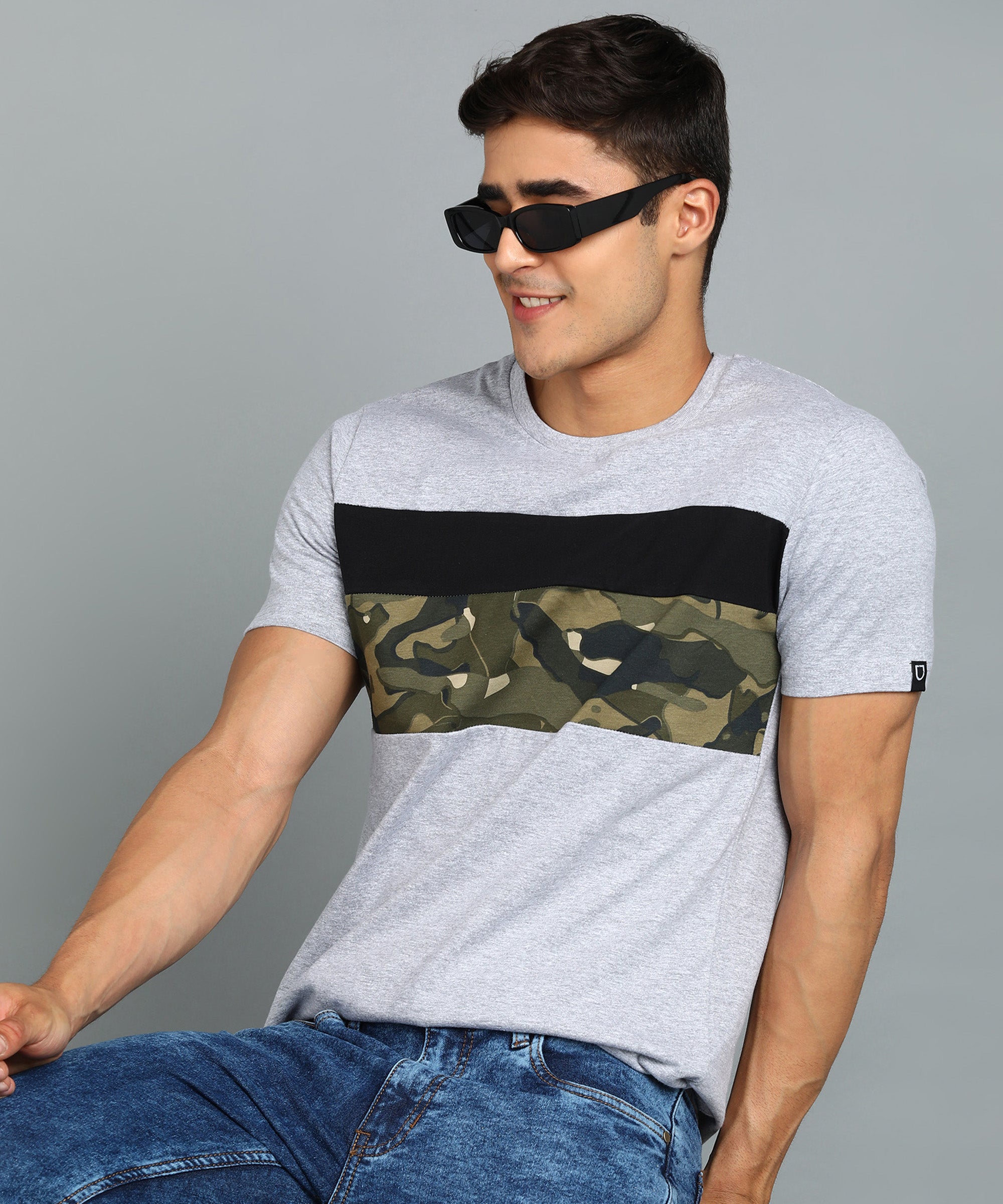 Men's Grey, Black Military Camouflage Printed Slim Fit Half Sleeve Cotton T-Shirt