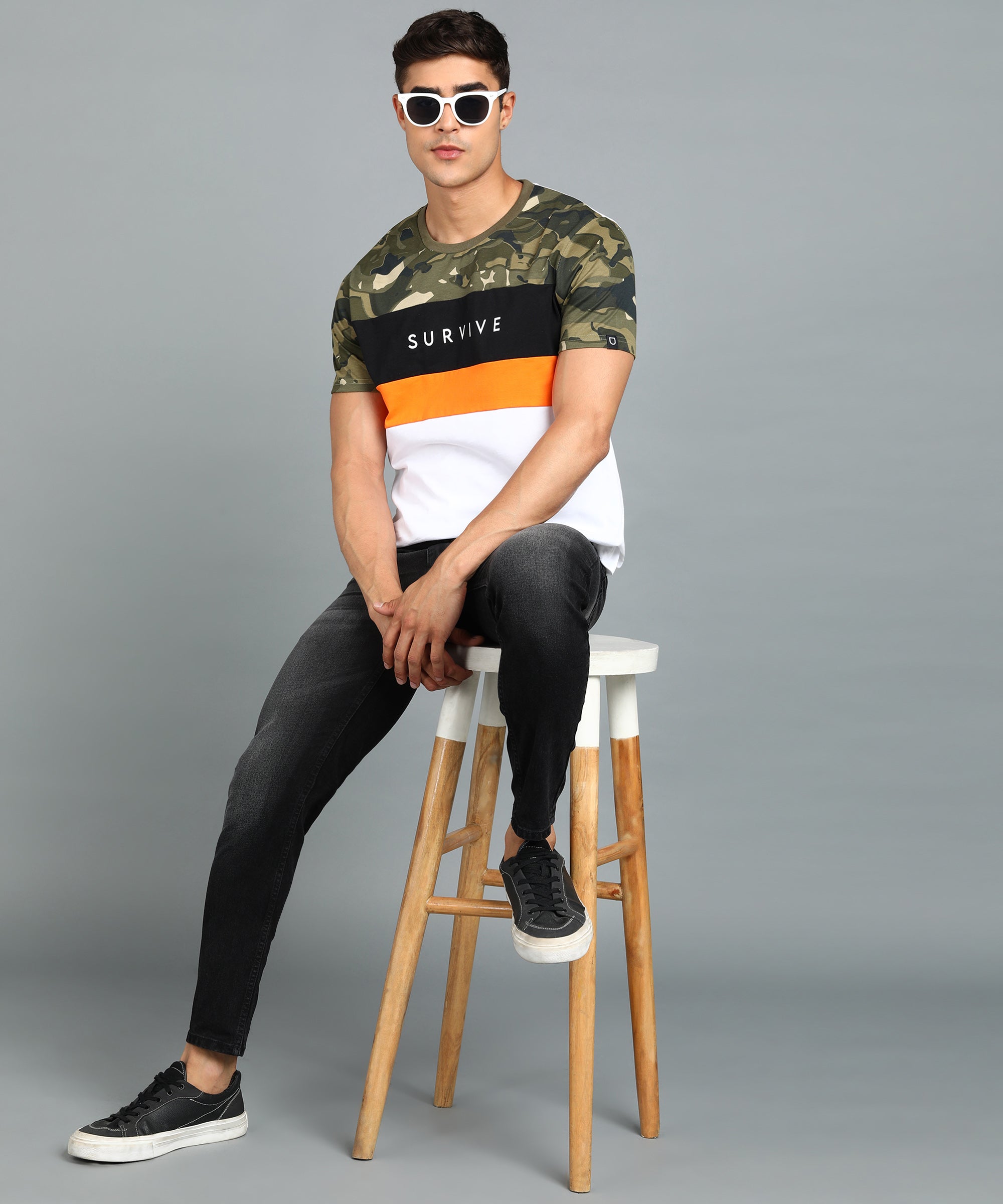 Men's White, Orange, Black Military Camouflage Printed Slim Fit Half Sleeve Cotton T-Shirt