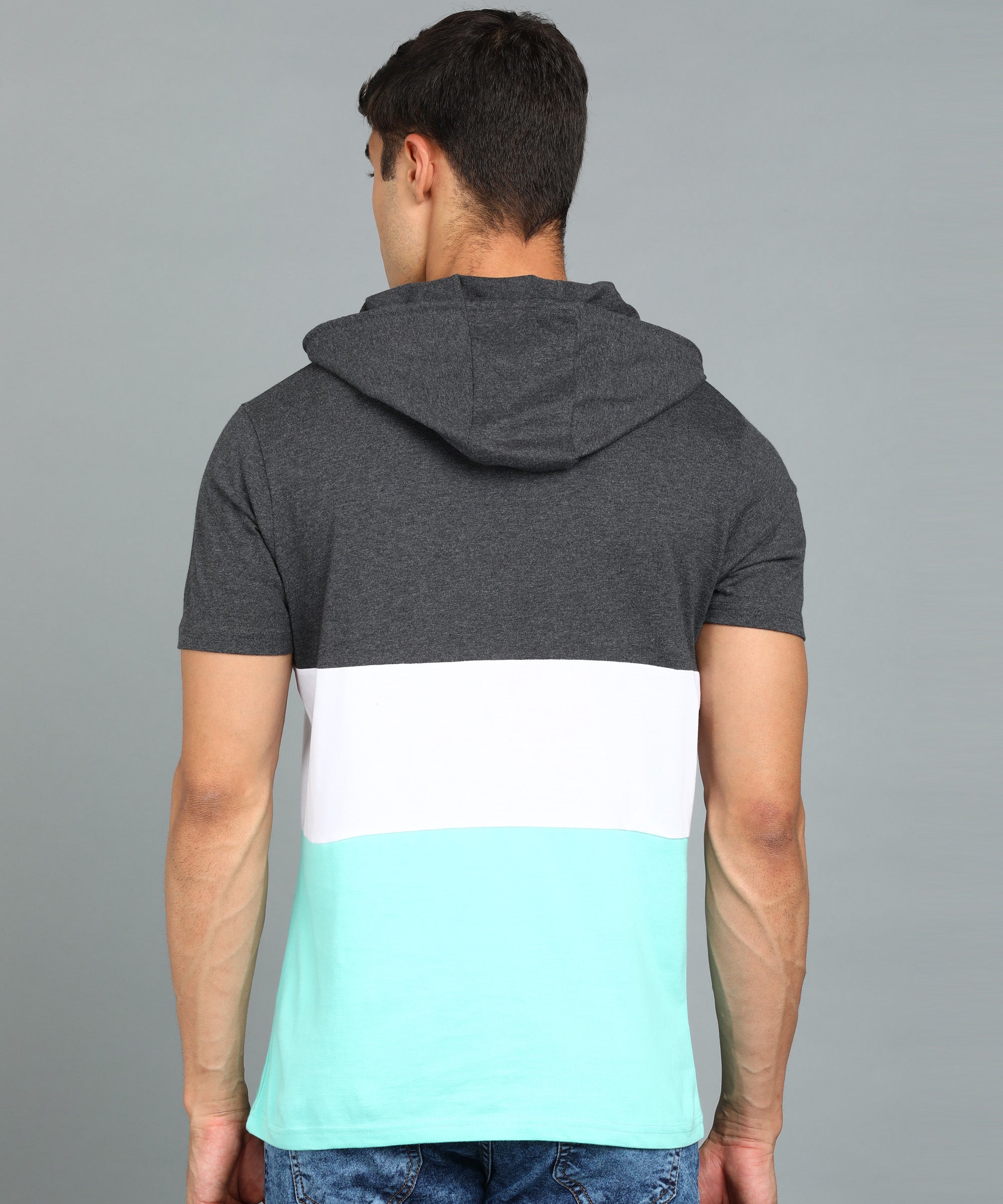 Men's Grey, White, Green Cotton Slim Fit Half Sleeve Hooded T-Shirt