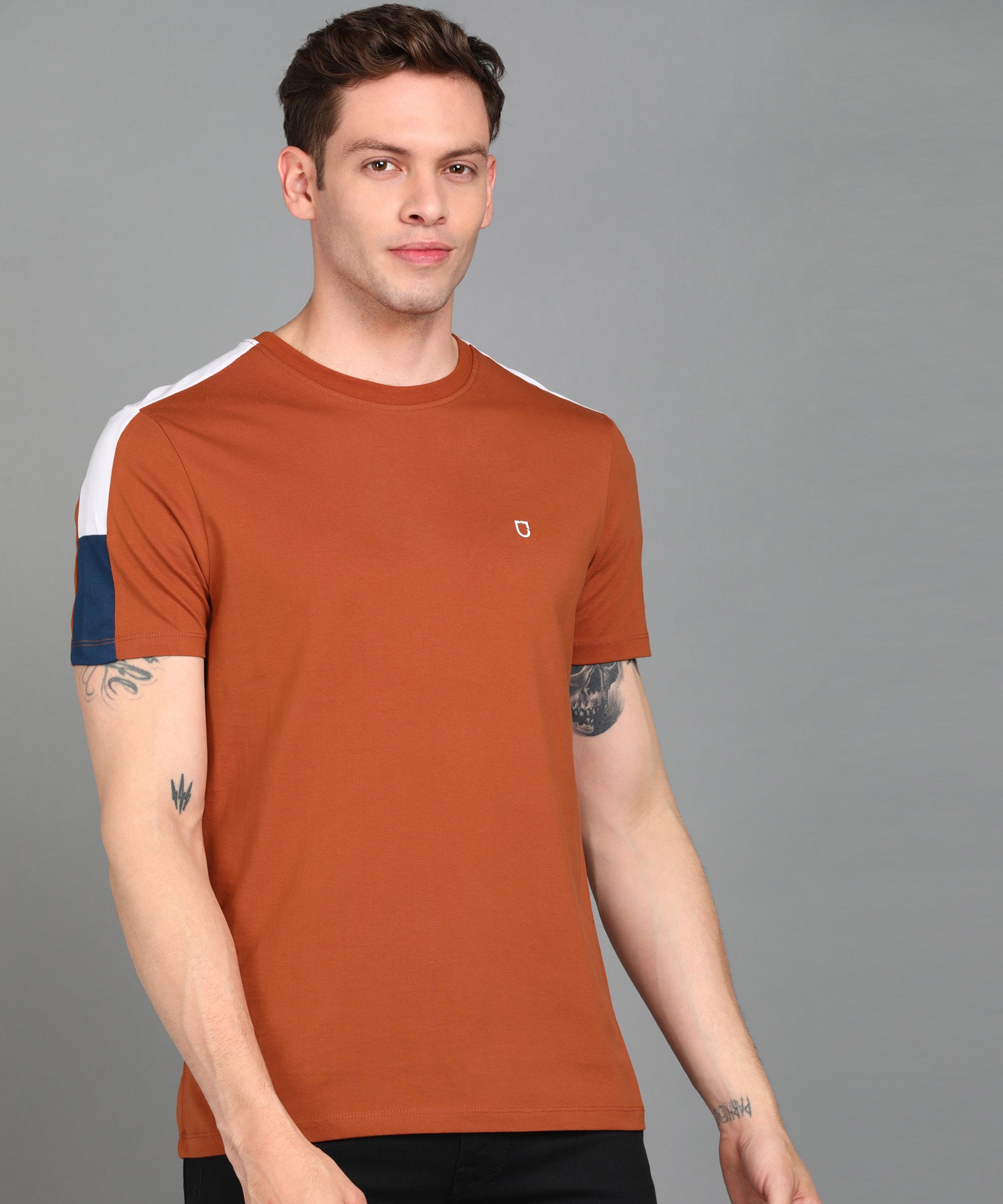 Men's Cotton Brown Colour-Block Slim Fit Half Sleeve T-Shirt