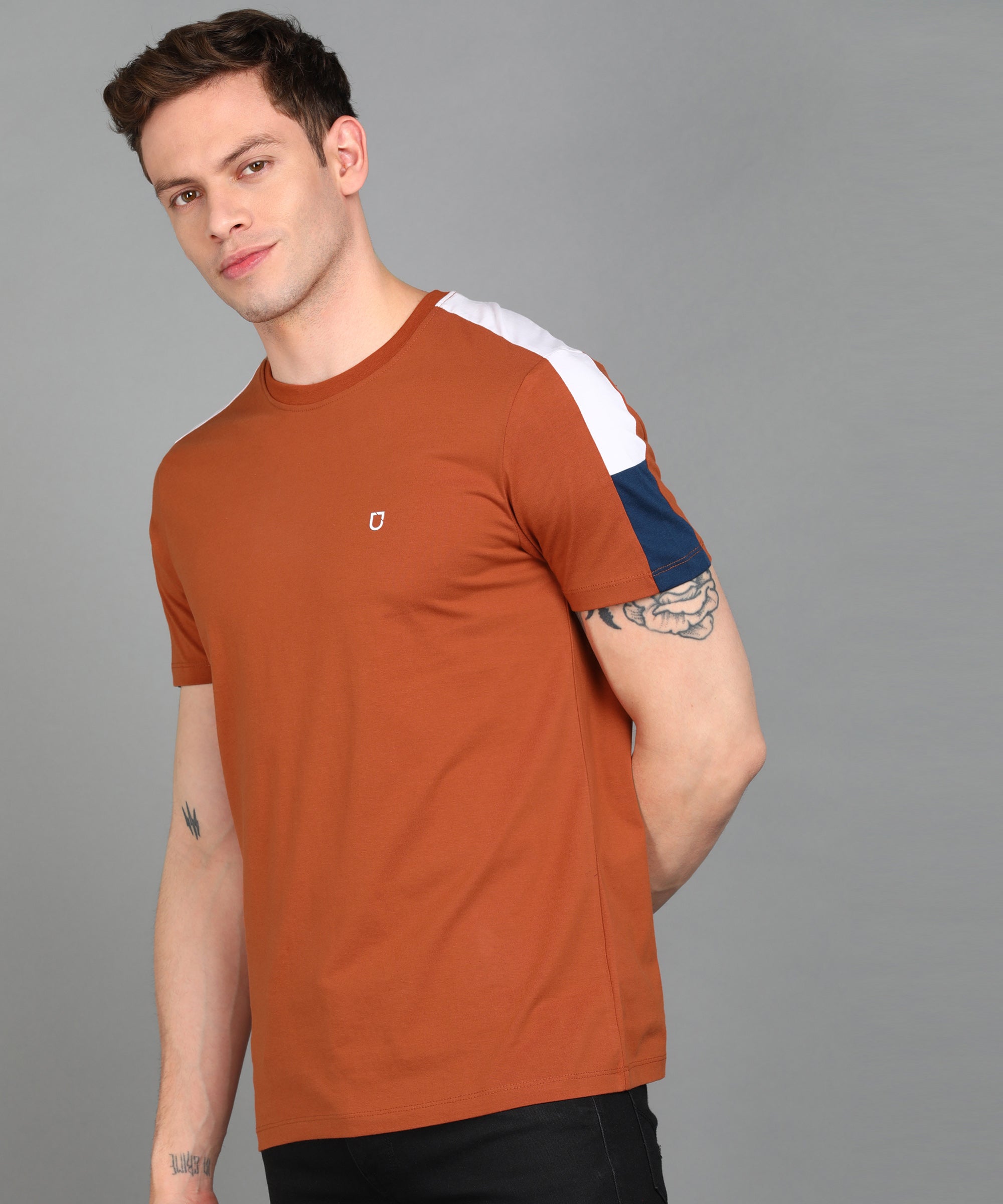 Men's Cotton Brown Colour-Block Slim Fit Half Sleeve T-Shirt