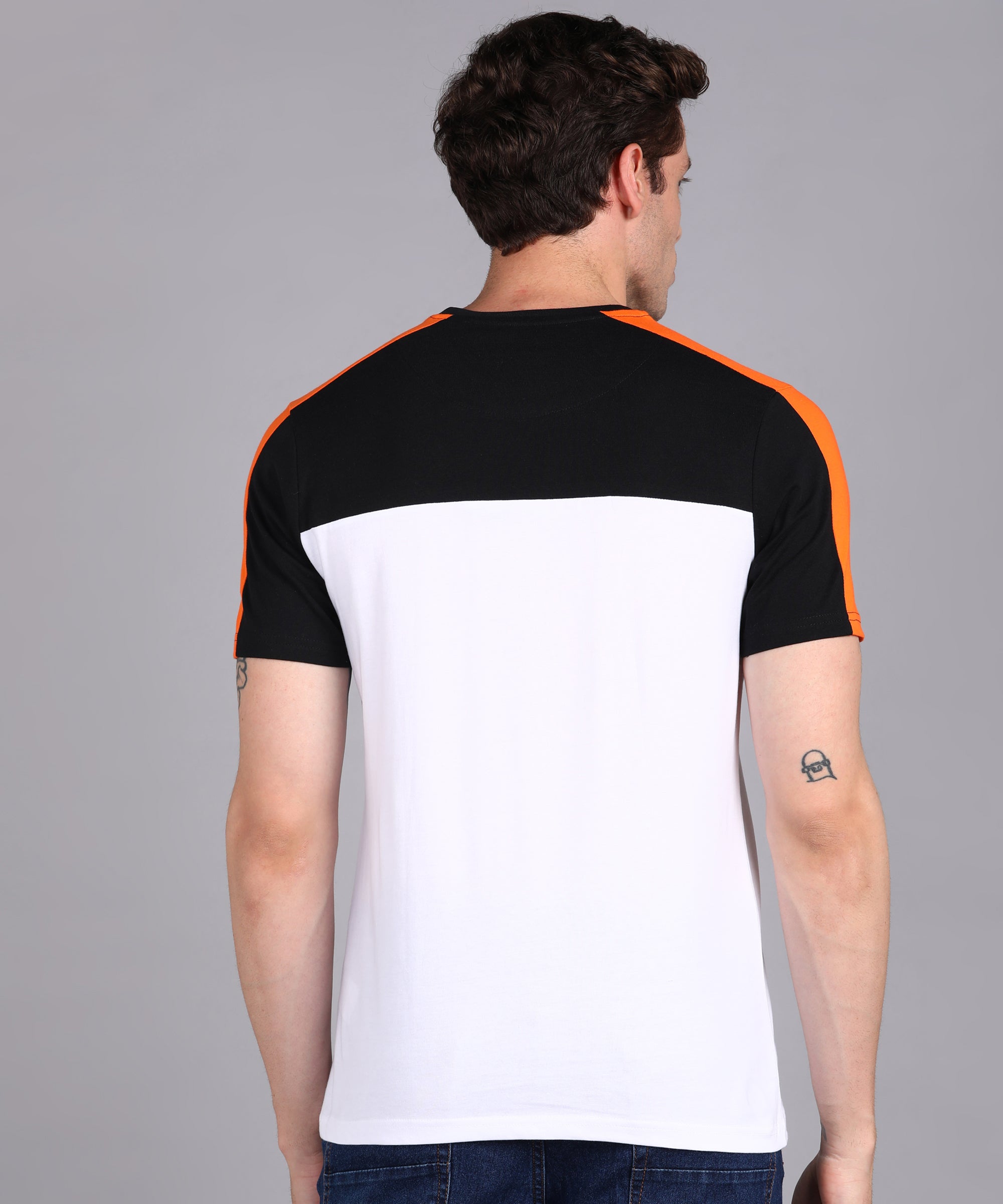 Men's Black, White, Orange Cotton Color-Block Slim Fit Half Sleeve T-Shirt