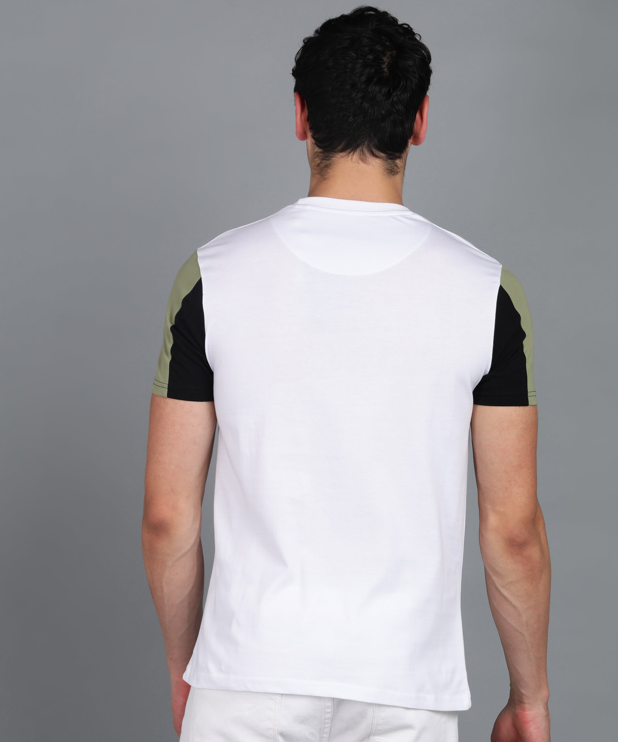 Men's White, Olive, Black Cotton Color-Block Slim Fit Half Sleeve T-Shirt