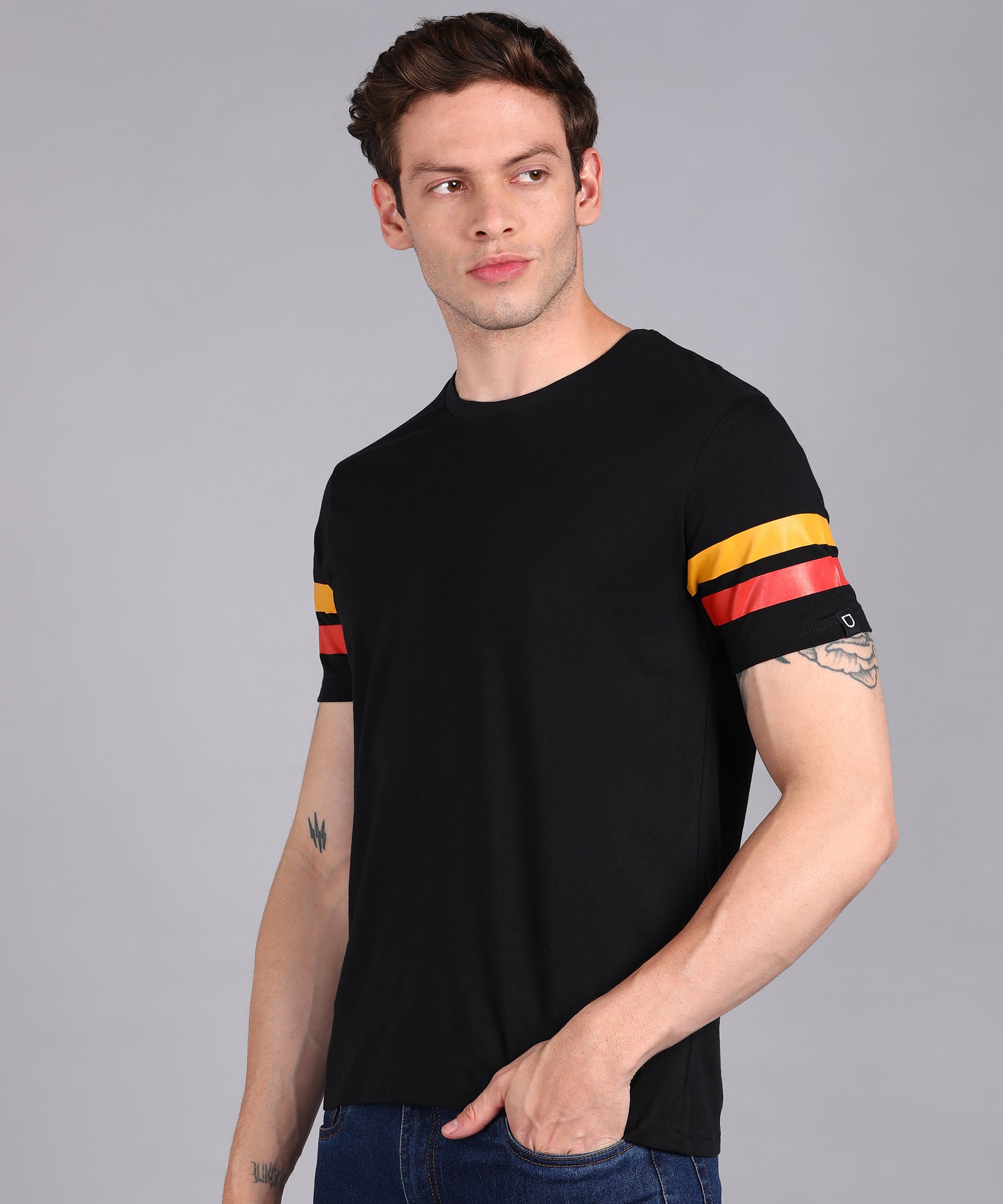 Men's Black, Yellow, Orange Cotton Color-Block Slim Fit Half Sleeve T-Shirt