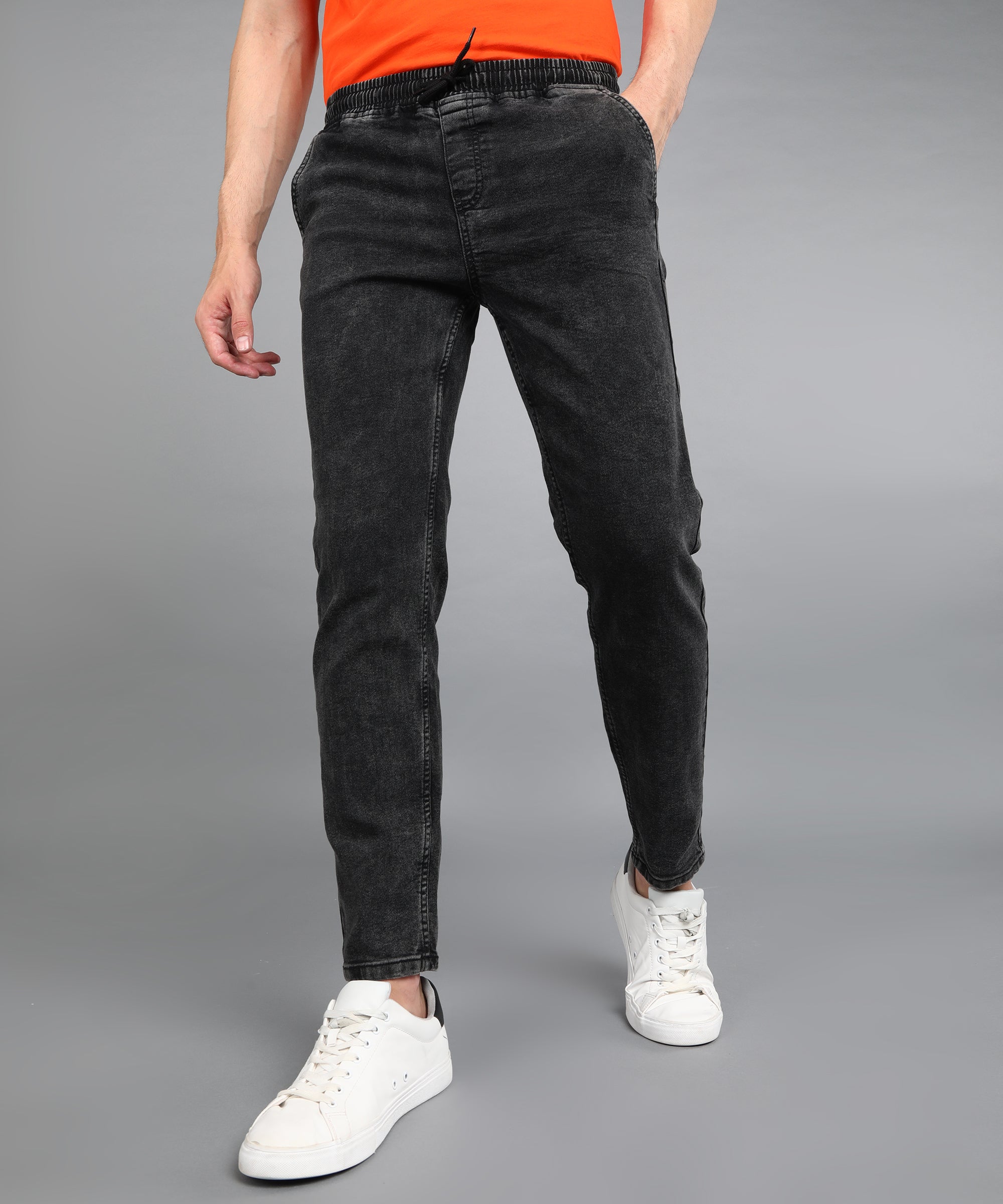 Men's Charcoal Black Regular Fit Washed Jogger Jeans Stretchable