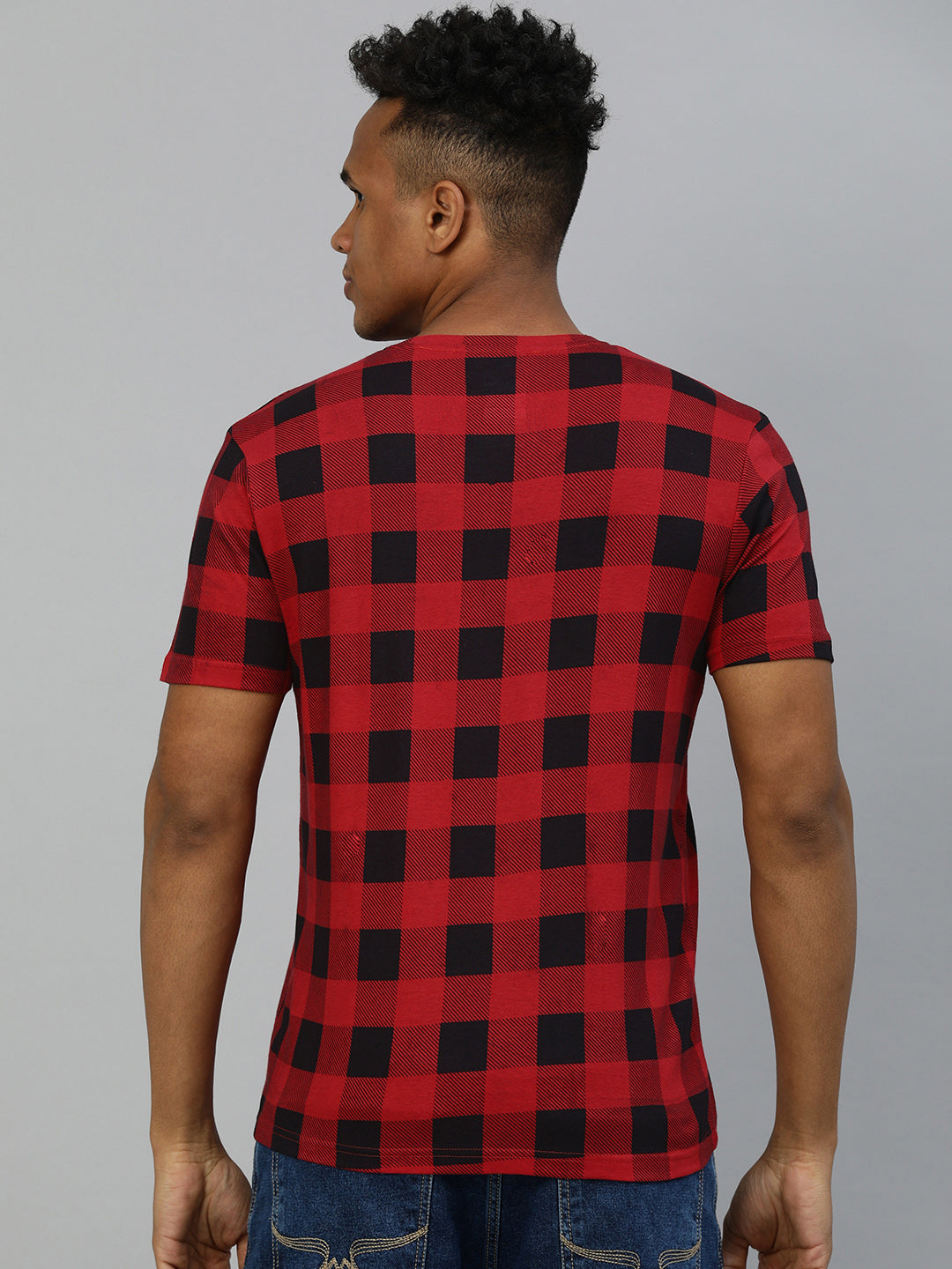 Men's Red, Black Checkered Slim Fit Half Sleeve Cotton T-Shirt