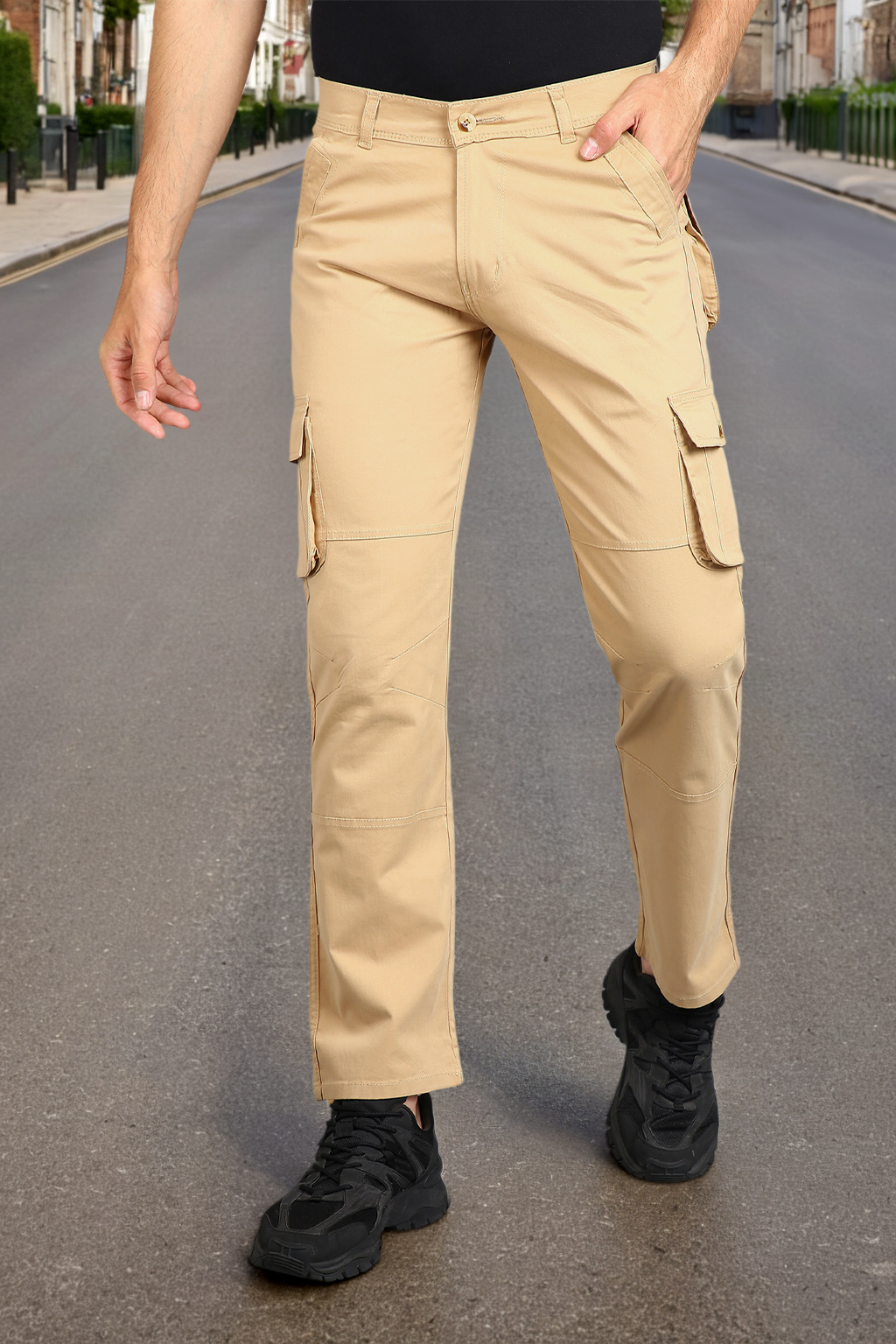 Men's Beige Regular Fit Solid Cargo Chino Pant with 6 Pockets