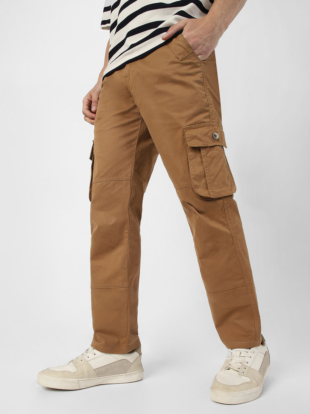 Urbano Fashion Men's Dark Khaki Regular Fit Solid Cargo Chino Pant with 6 Pockets