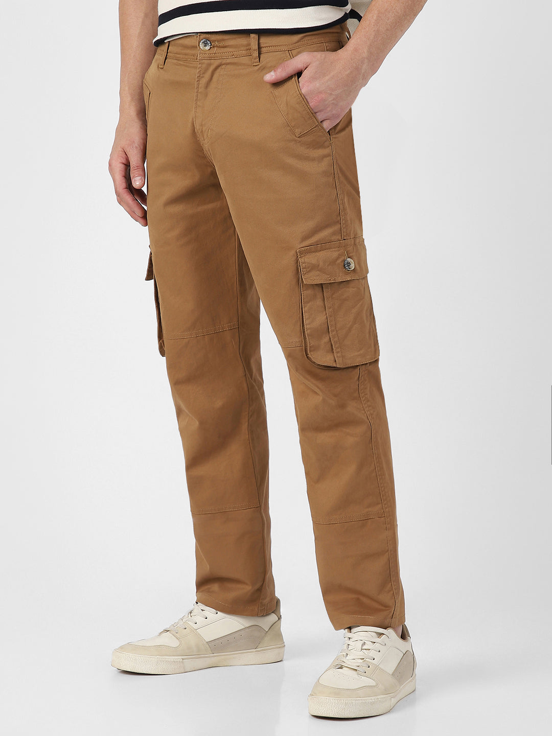 Urbano Fashion Men's Dark Khaki Regular Fit Solid Cargo Chino Pant with 6 Pockets