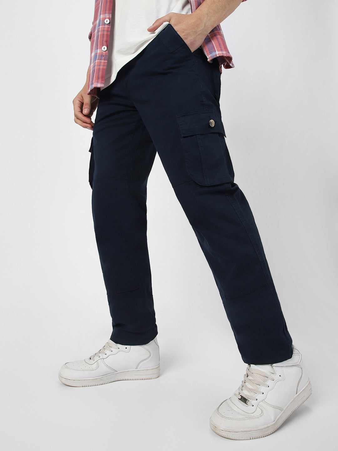 Men's Navy Blue Regular Fit Solid Cargo Chino Pant with 6 Pockets