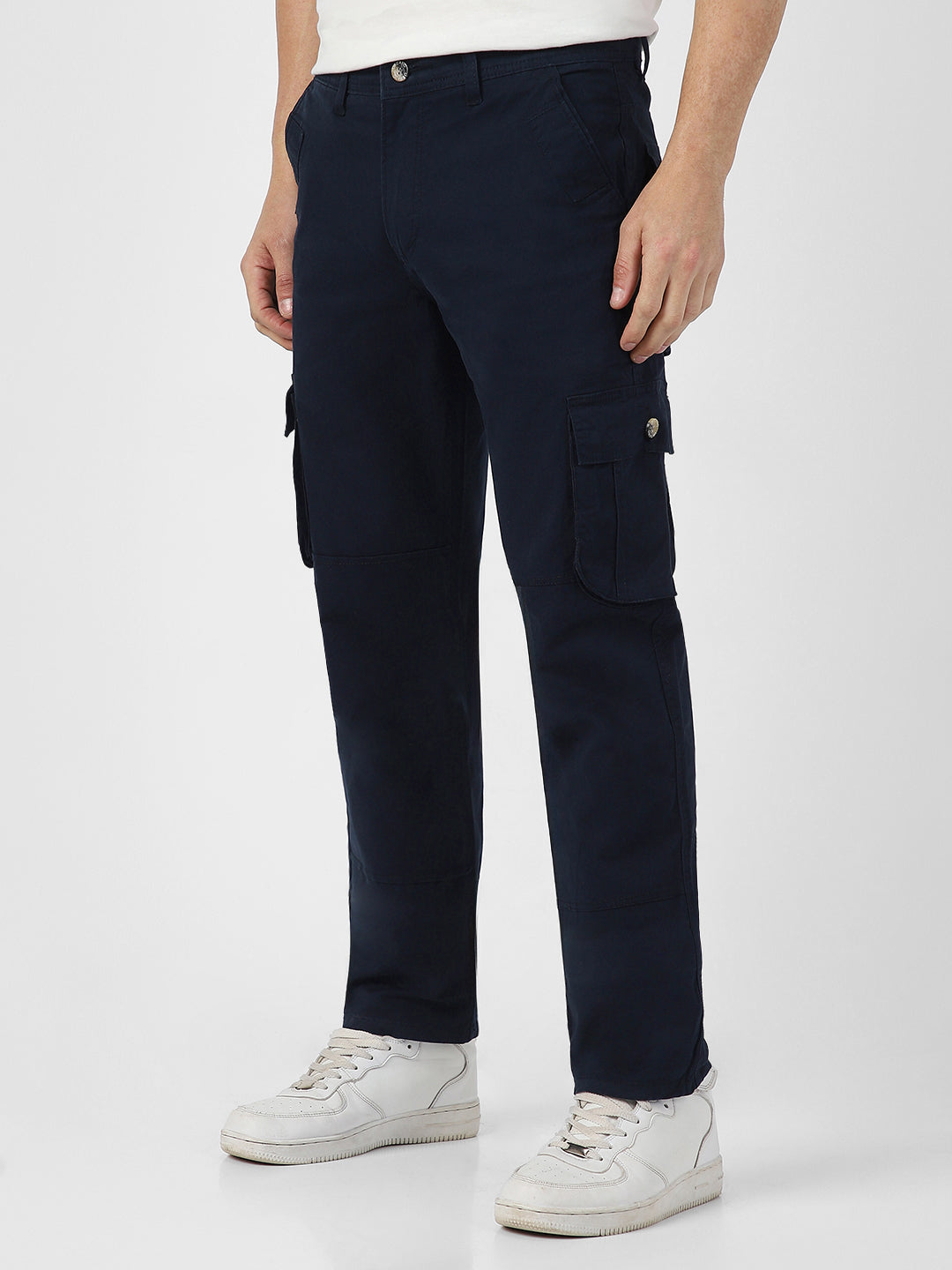 Men's Navy Blue Regular Fit Solid Cargo Chino Pant with 6 Pockets