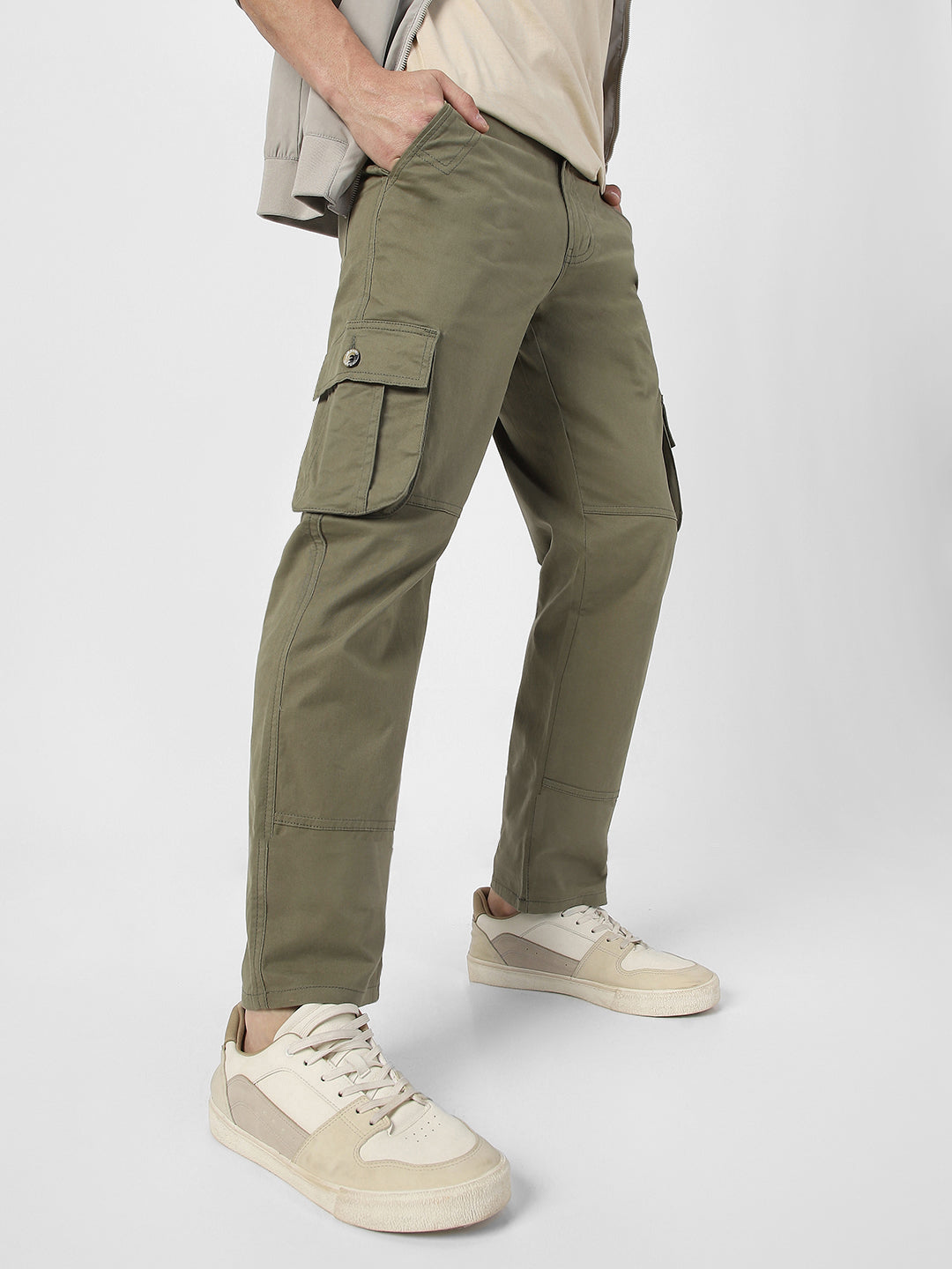 Urbano Fashion Men's Olive Green Regular Fit Solid Cargo Chino Pant with 6 Pockets