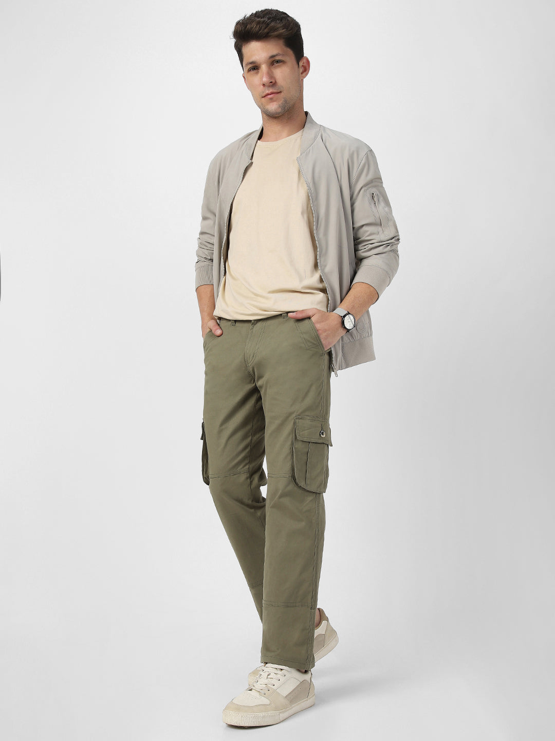 Urbano Fashion Men's Olive Green Regular Fit Solid Cargo Chino Pant with 6 Pockets