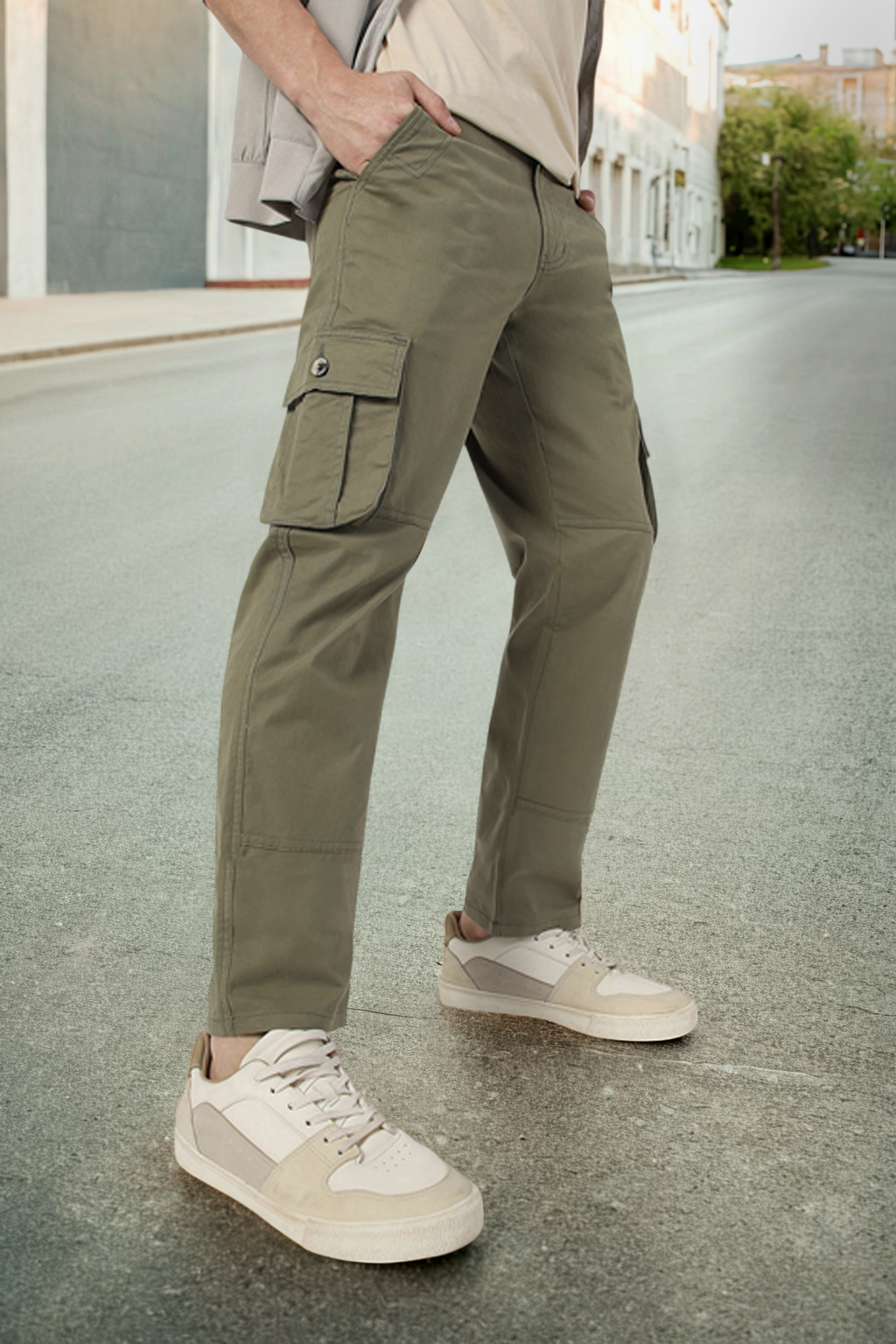 Men's Olive Green Regular Fit Solid Cargo Chino Pant with 6 Pockets