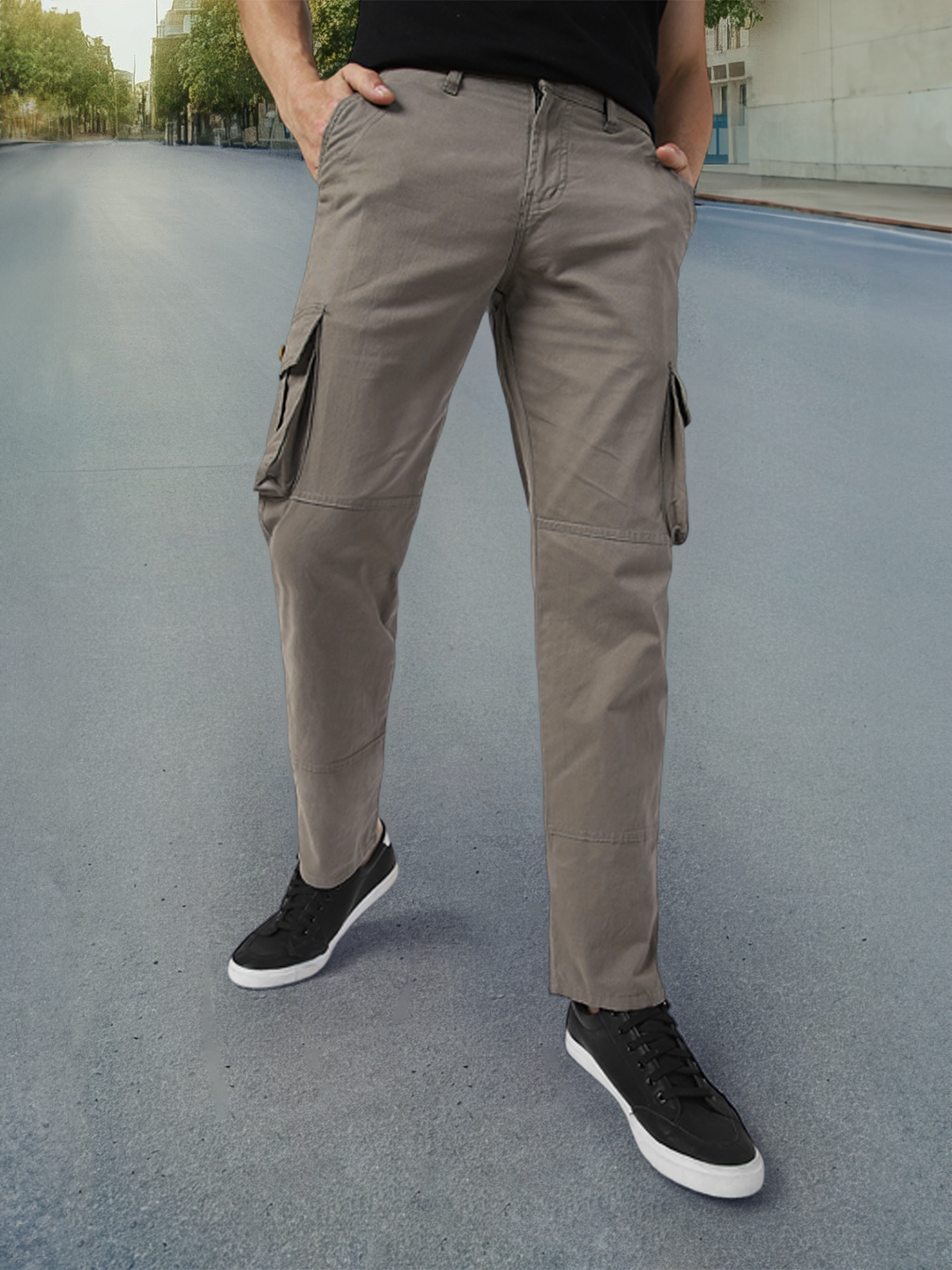 Men's Grey Regular Fit Solid Cargo Chino Pant with 6 Pockets