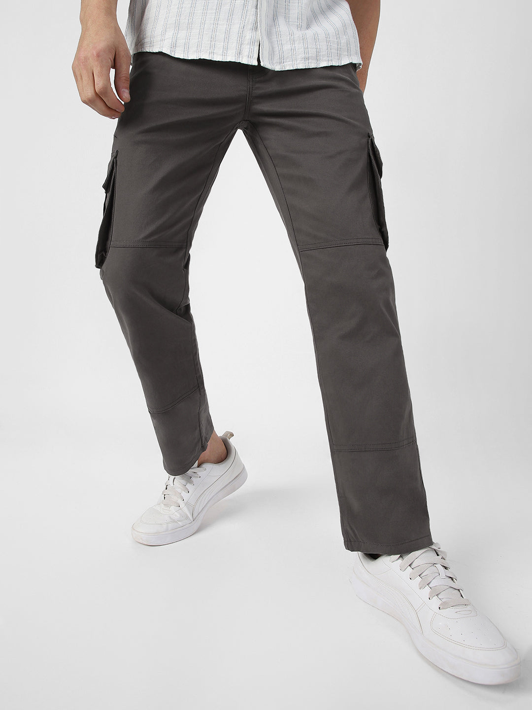 Urbano Fashion Men's Dark Grey Regular Fit Solid Cargo Chino Pant with 6 Pockets