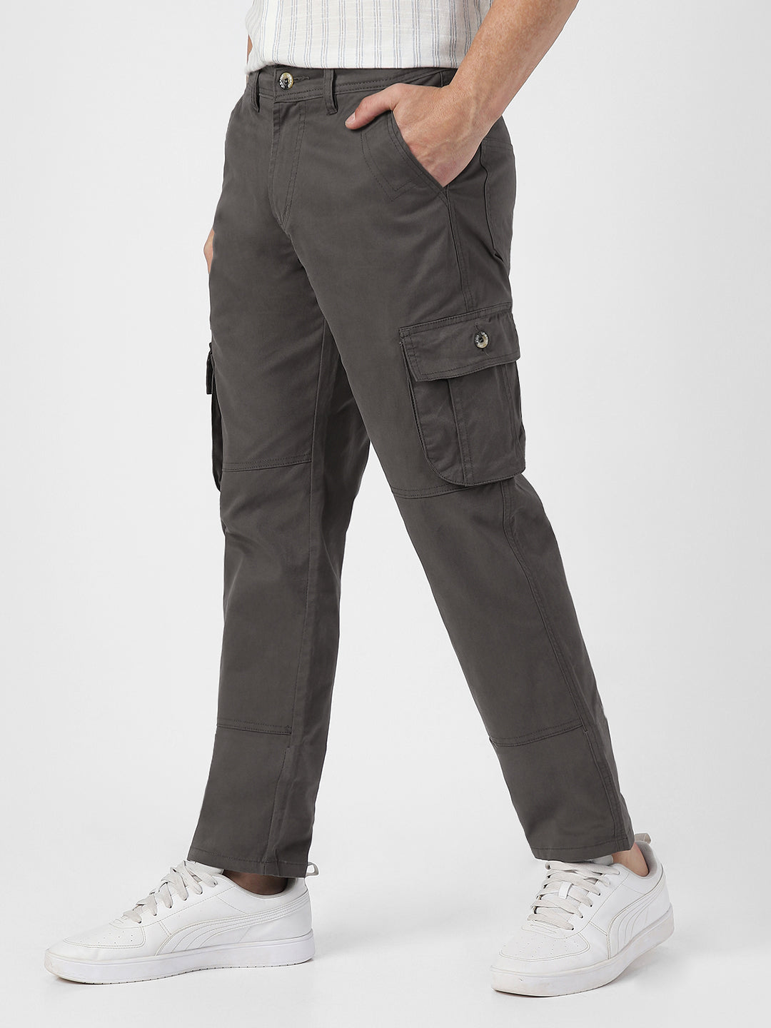 Urbano Fashion Men's Dark Grey Regular Fit Solid Cargo Chino Pant with 6 Pockets