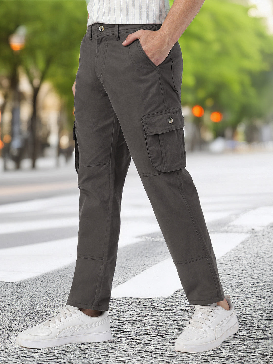 Men's Dark Grey Regular Fit Solid Cargo Chino Pant with 6 Pockets