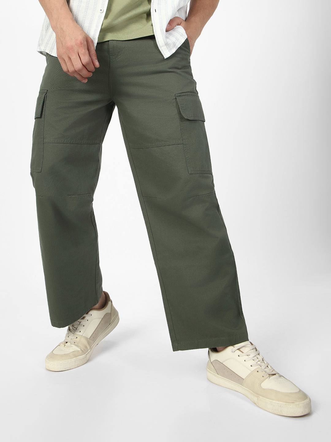 Men's Light Grey Loose Baggy Fit Solid Cargo Chino Pant with 6 Pockets Non-Stretchable