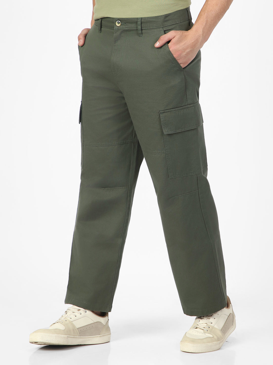 Men's Light Grey Loose Baggy Fit Solid Cargo Chino Pant with 6 Pockets Non-Stretchable