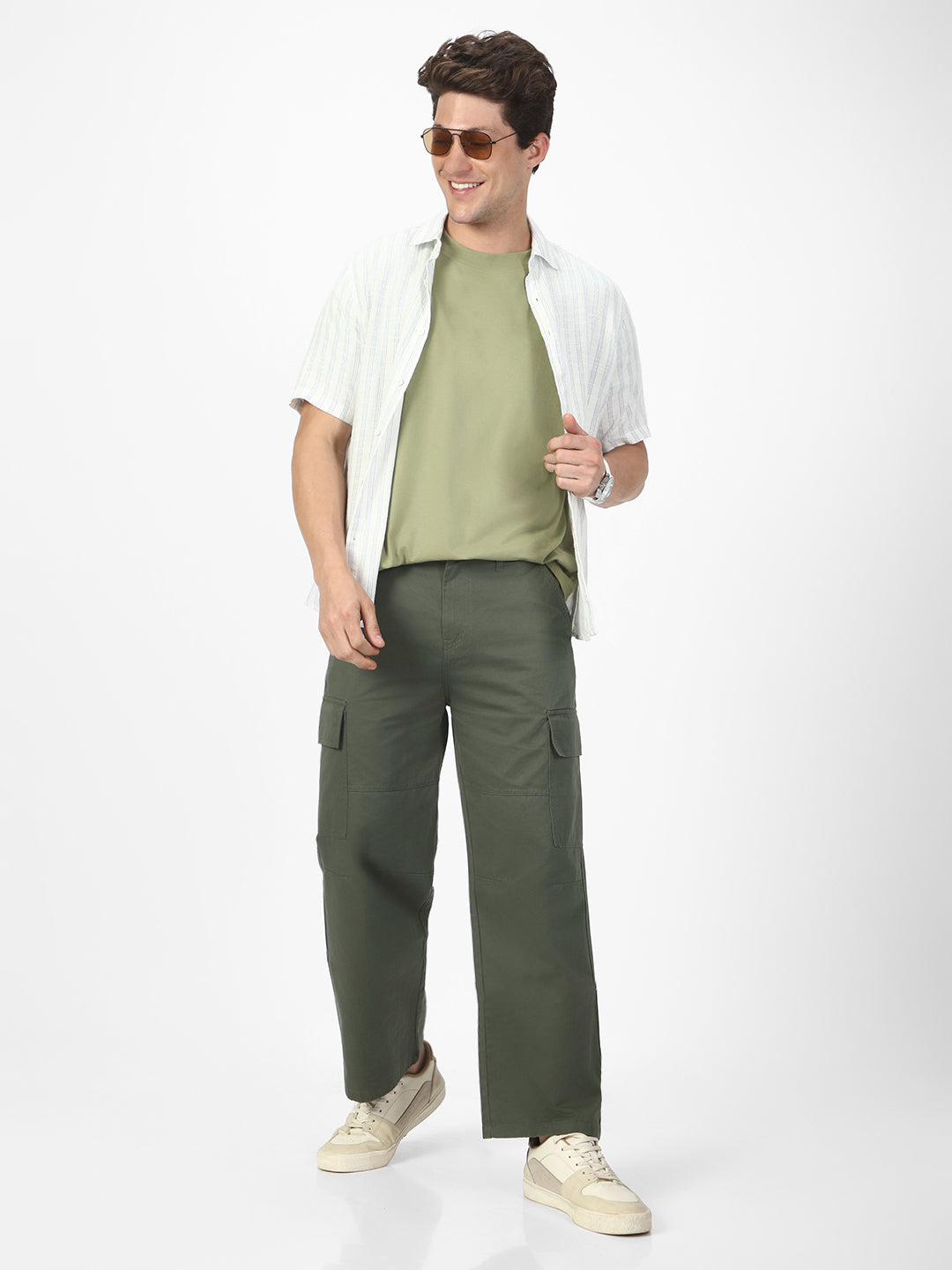 Men's Light Grey Loose Baggy Fit Solid Cargo Chino Pant with 6 Pockets Non-Stretchable