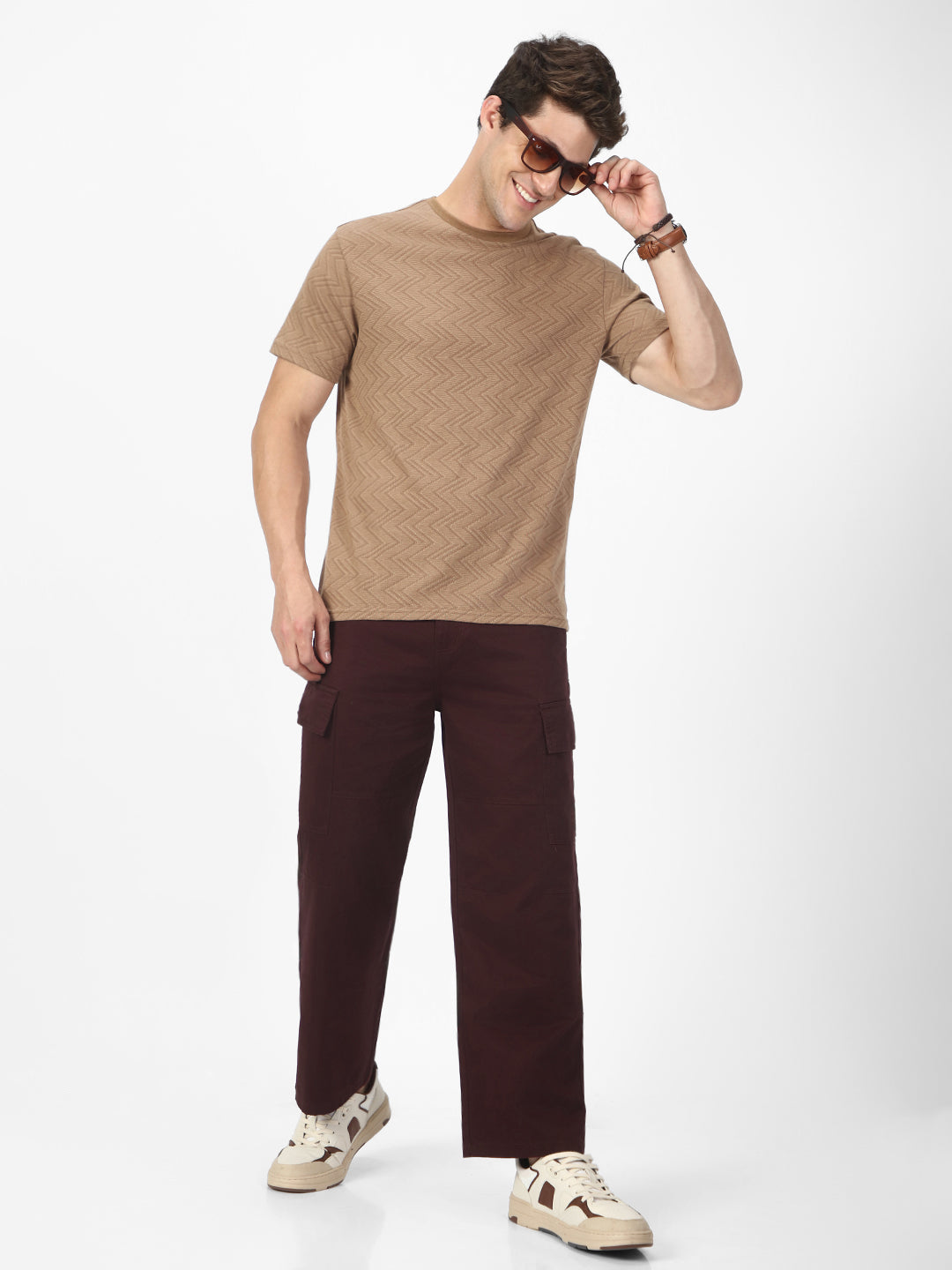 Men's Maroon Loose Baggy Fit Solid Cargo Chino Pant with 6 Pockets Non-Stretchable