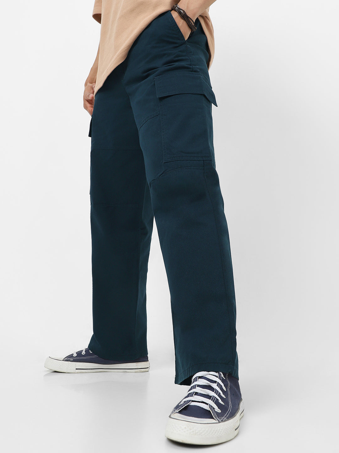 Men's Navy Loose Baggy Fit Solid Cargo Chino Pant with 6 Pockets Non-Stretchable