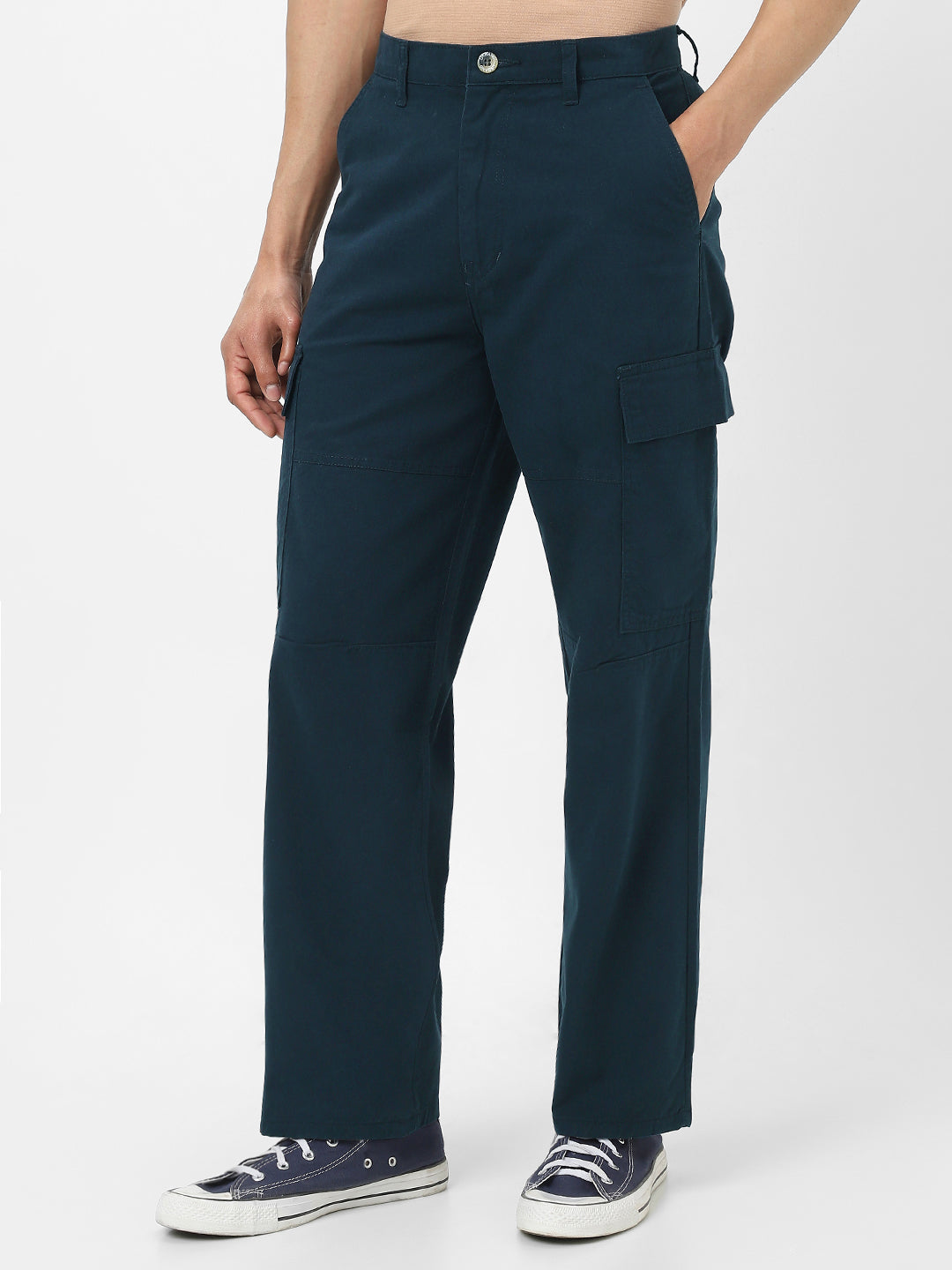 Men's Navy Loose Baggy Fit Solid Cargo Chino Pant with 6 Pockets Non-Stretchable