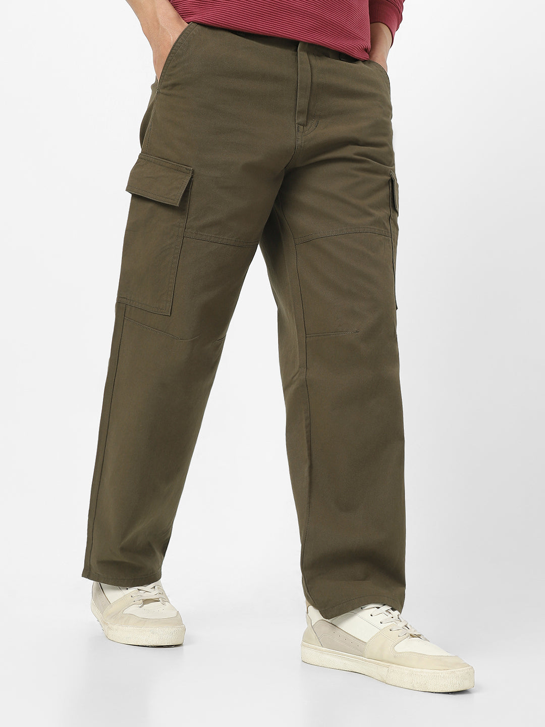 Men's Olive Loose Baggy Fit Solid Cargo Chino Pant with 6 Pockets Non-Stretchable