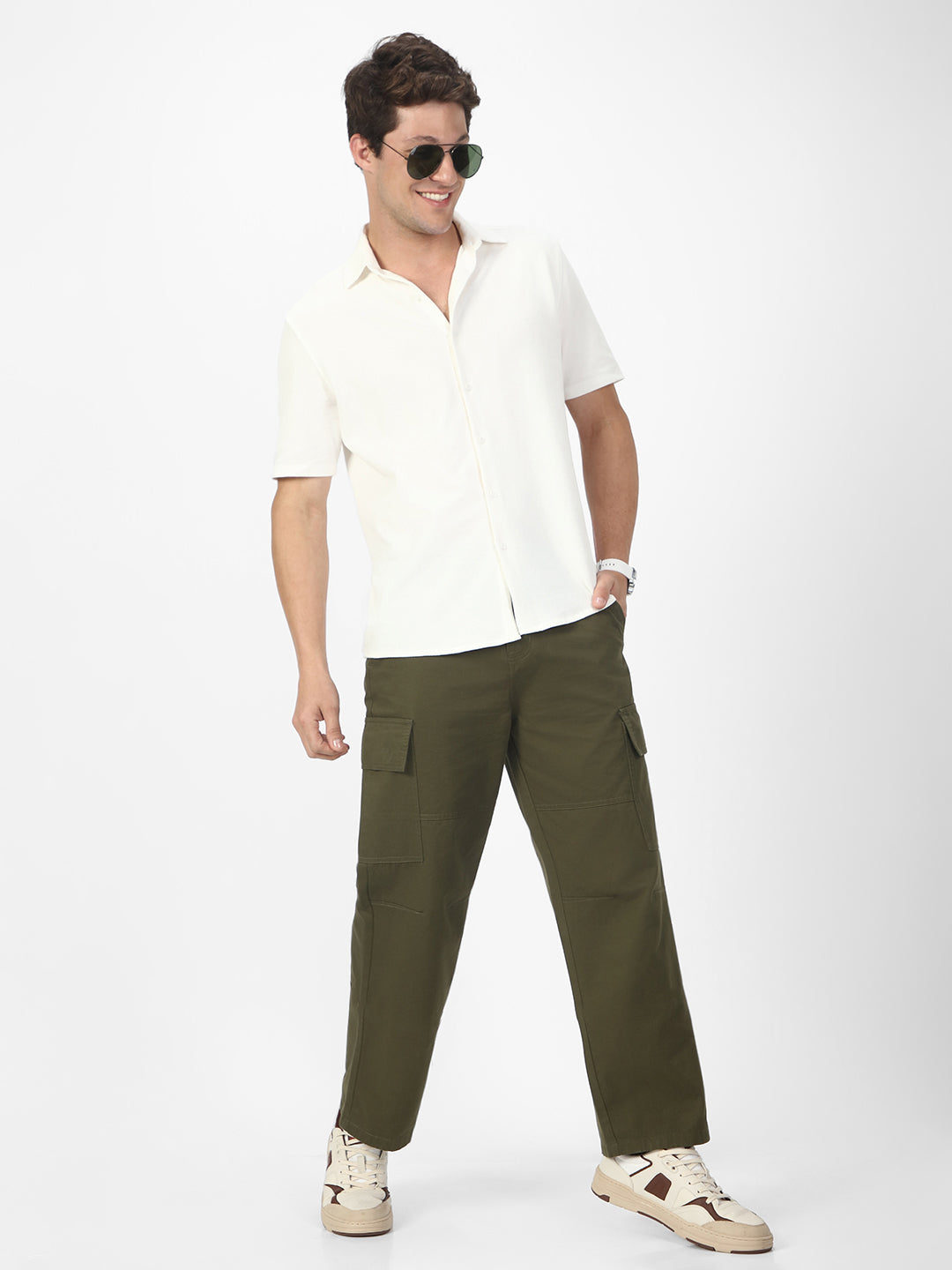 Men's Olive Loose Baggy Fit Solid Cargo Chino Pant with 6 Pockets Non-Stretchable