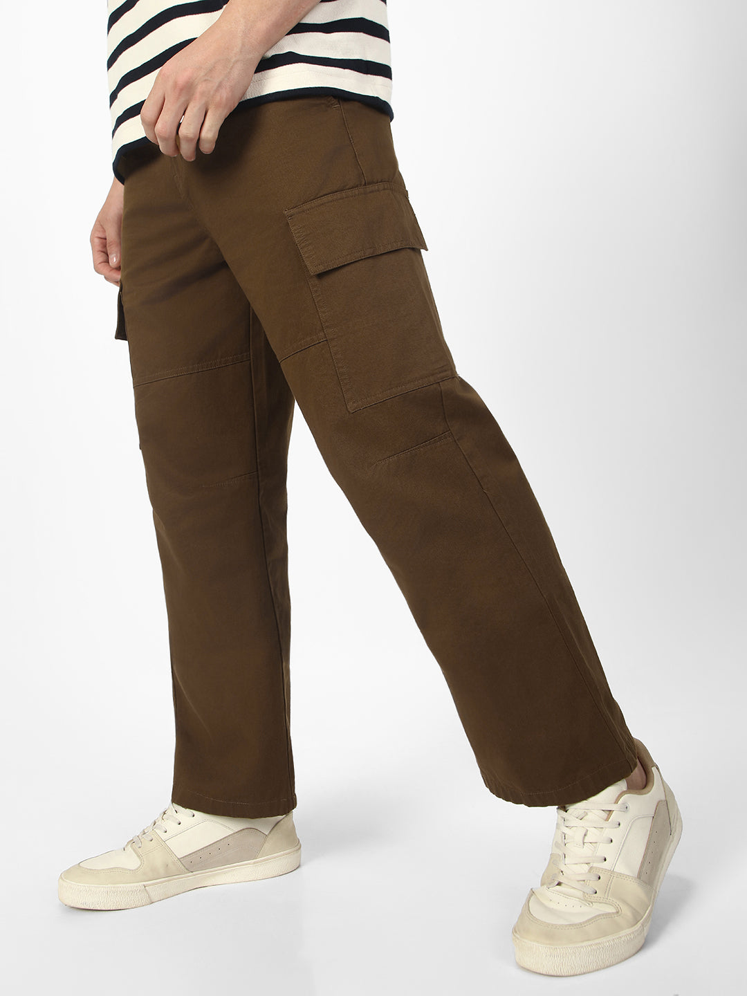 Men's Tobacco Loose Baggy Fit Solid Cargo Chino Pant with 6 Pockets Non-Stretchable