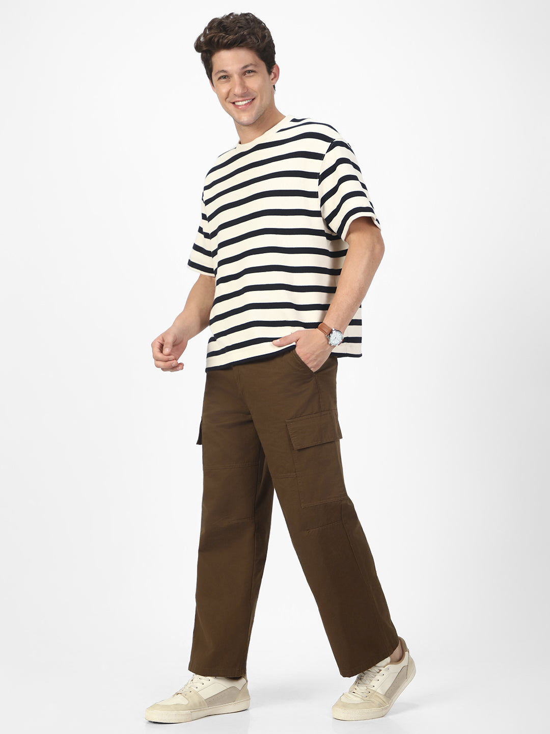 Men's Tobacco Loose Baggy Fit Solid Cargo Chino Pant with 6 Pockets Non-Stretchable