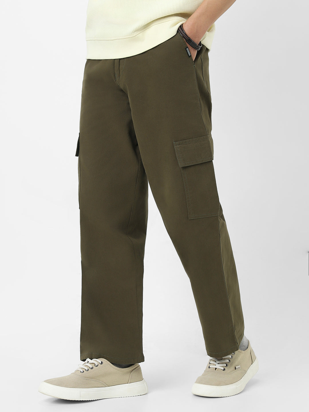 Urbano Fashion Men's Olive Loose Baggy Fit Solid Cargo Chino Pant with 6 Pockets Non-Stretchable