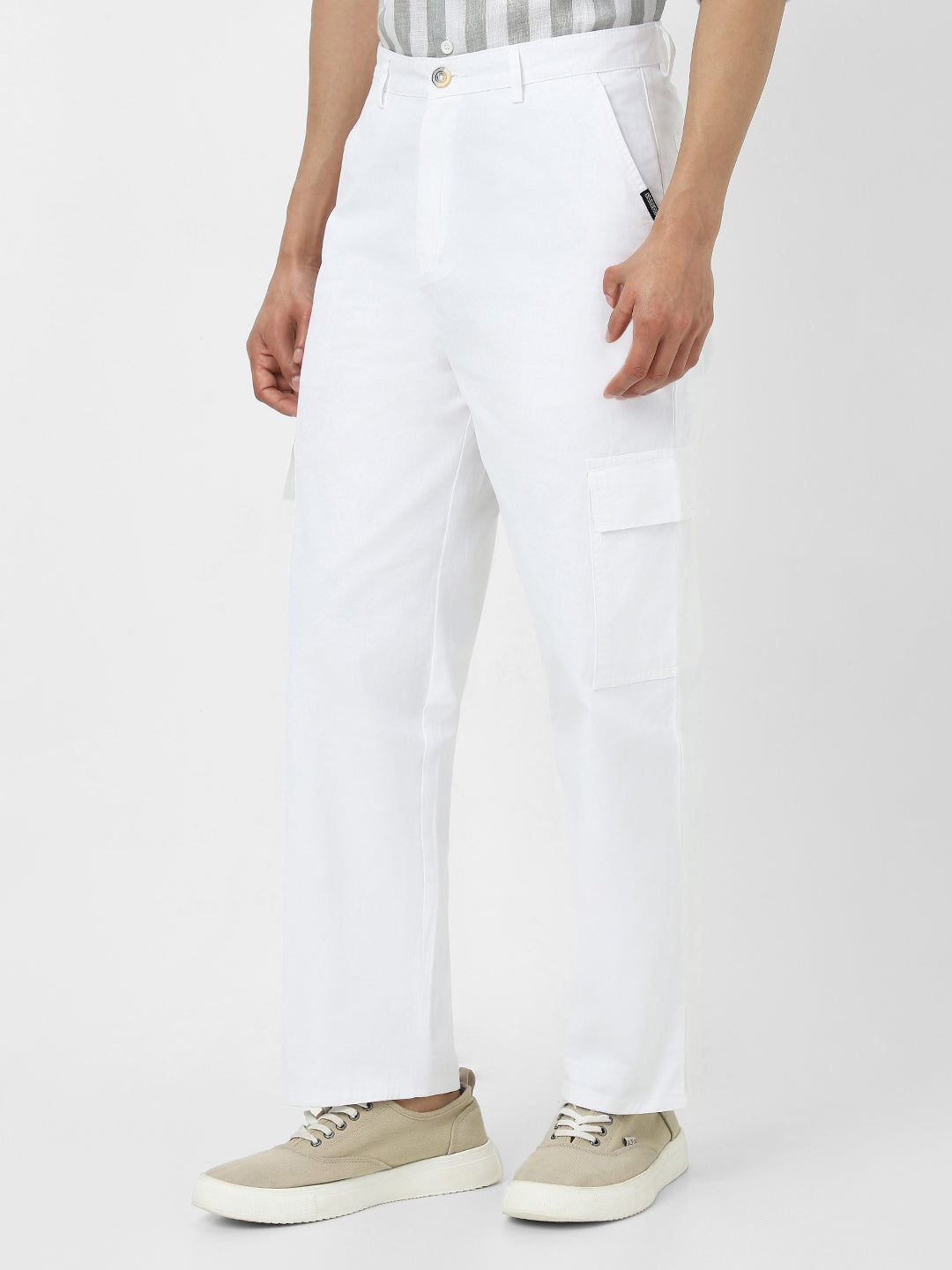 Urbano Fashion Men's White Loose Baggy Fit Solid Cargo Chino Pant with 6 Pockets Non-Stretchable