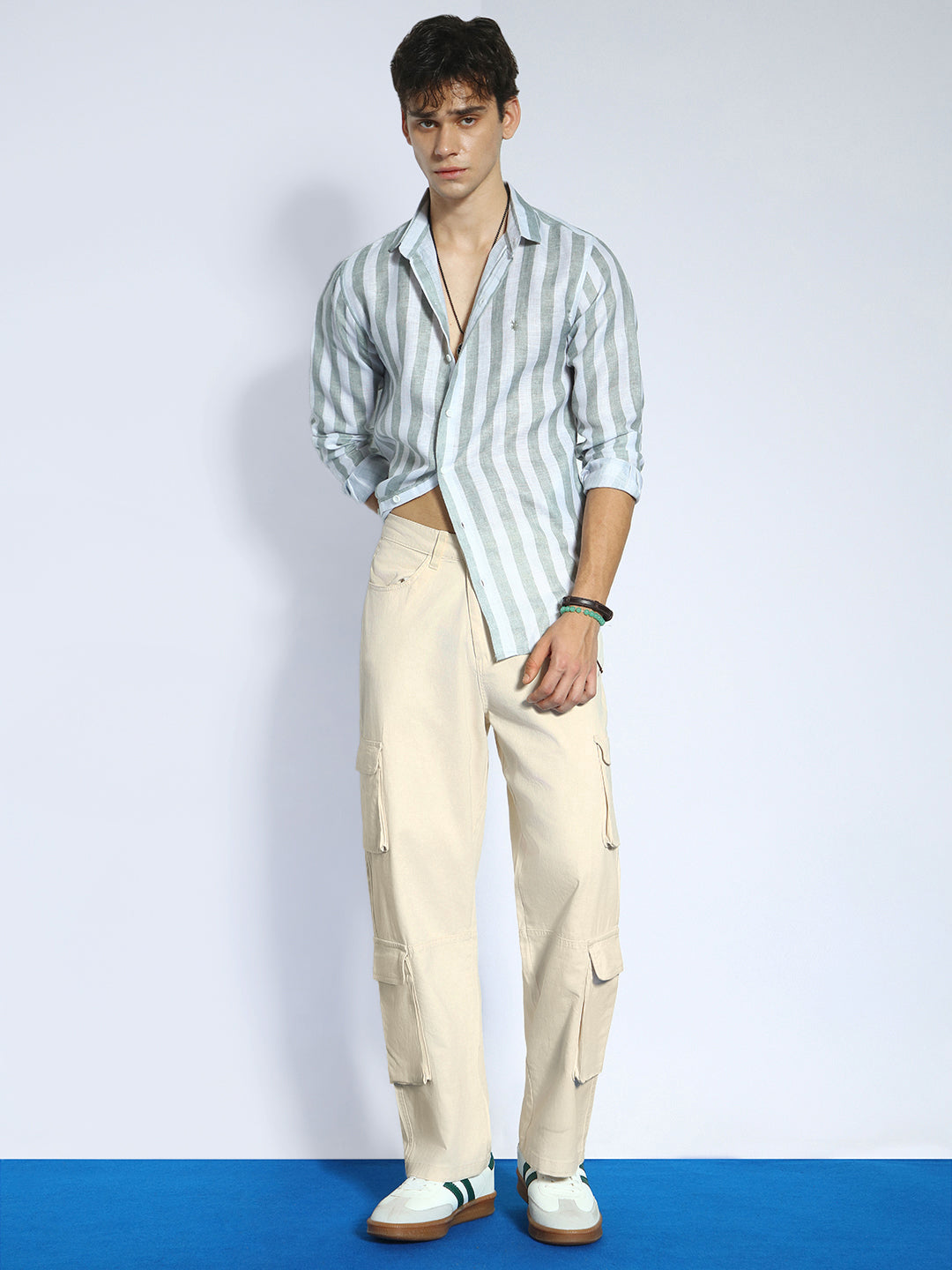 Men's Cream Loose Baggy Fit Cargo Chino Pant with 8 Pockets Stretchable