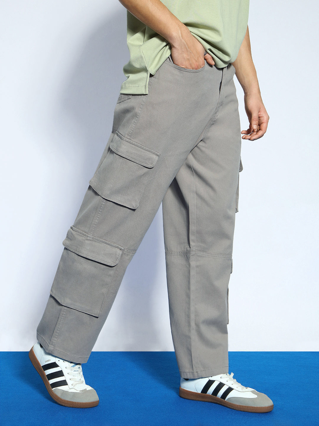 Men's Grey Loose Baggy Fit Cargo Chino Pant with 8 Pockets Stretchable