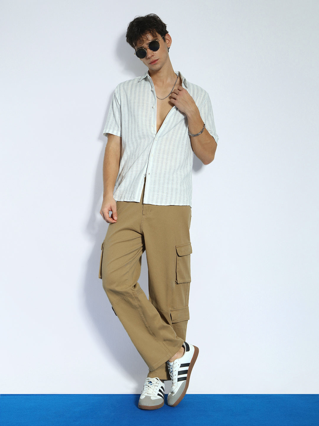 Men's Khaki Loose Baggy Fit Cargo Chino Pant with 8 Pockets Stretchable