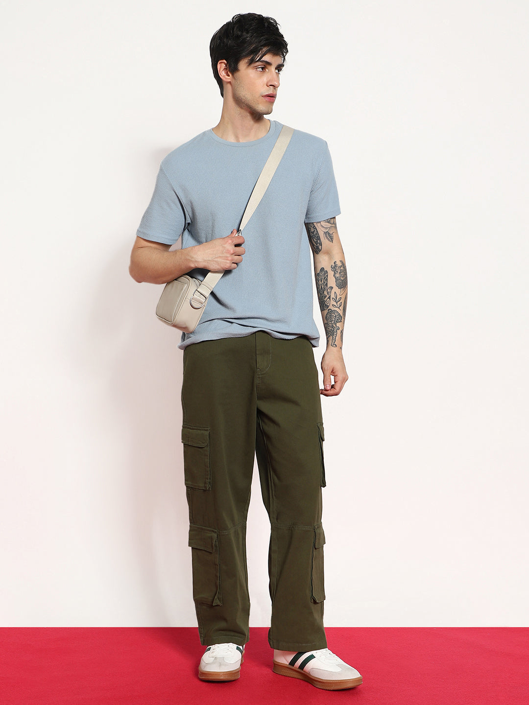 Men's Olive Loose Baggy Fit Cargo Chino Pant with 8 Pockets Stretchable
