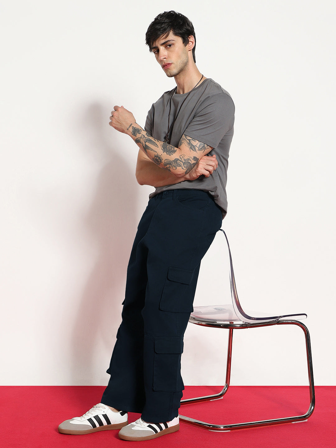 Men's Navy Loose Baggy Fit Cargo Chino Pant with 8 Pockets Stretchable